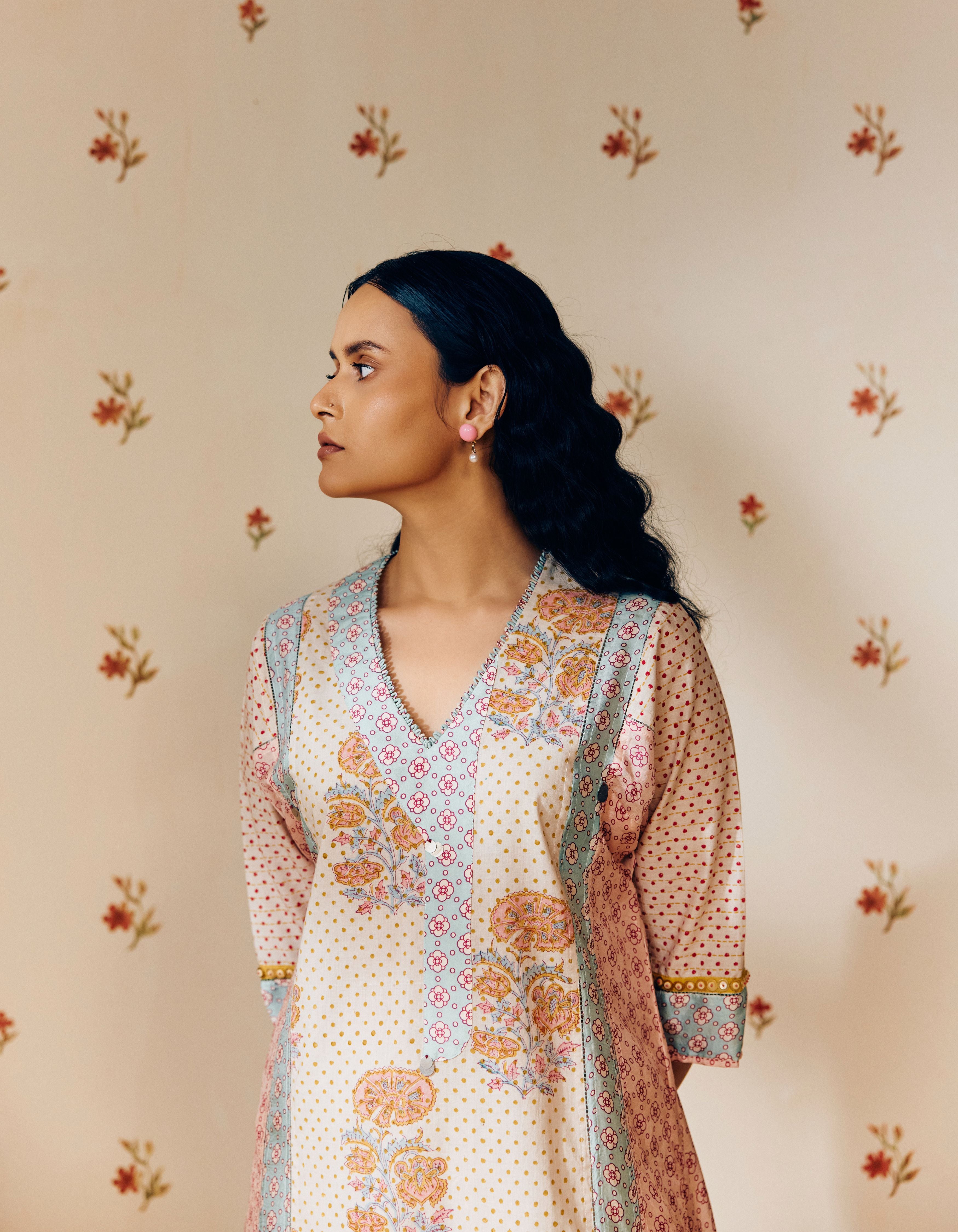 Off-White And Dusty Pink Front Gathers Hand Block Printed Multi Panel Mia Kurta Set