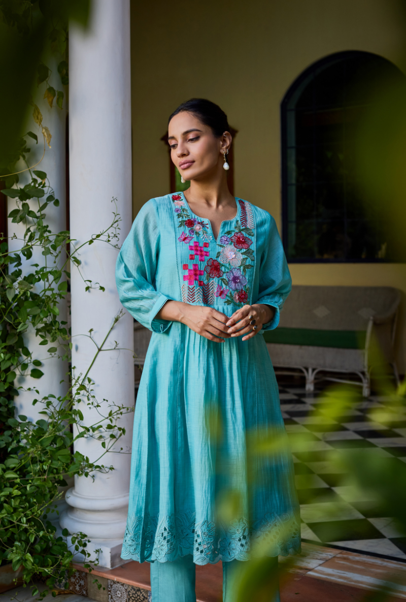 Turquoise Hand Embroidered Yoke Anaardana Kurta Set