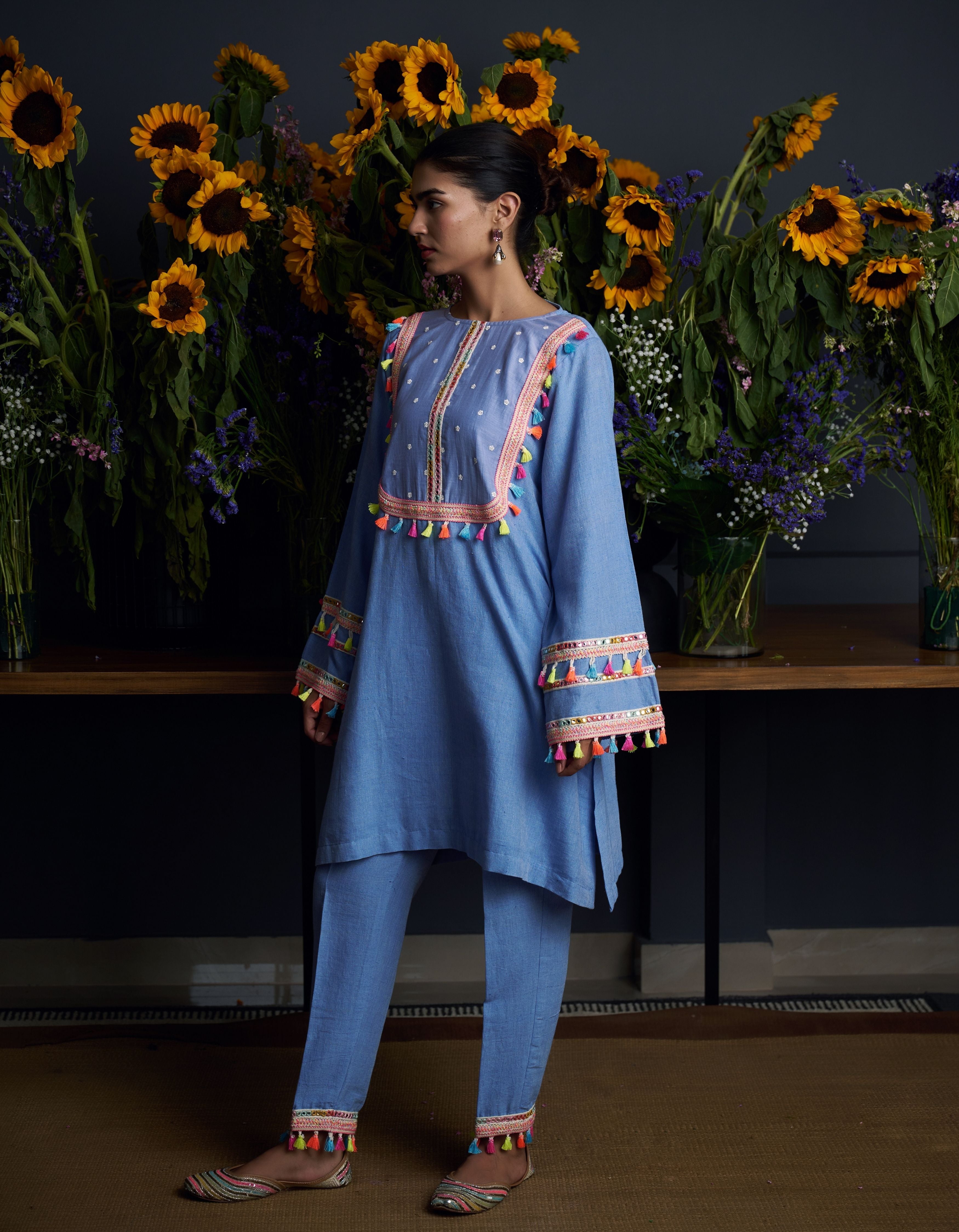 Periwinkle Blue Multi Colour Tassels Vrishti Nadia Kurta Set