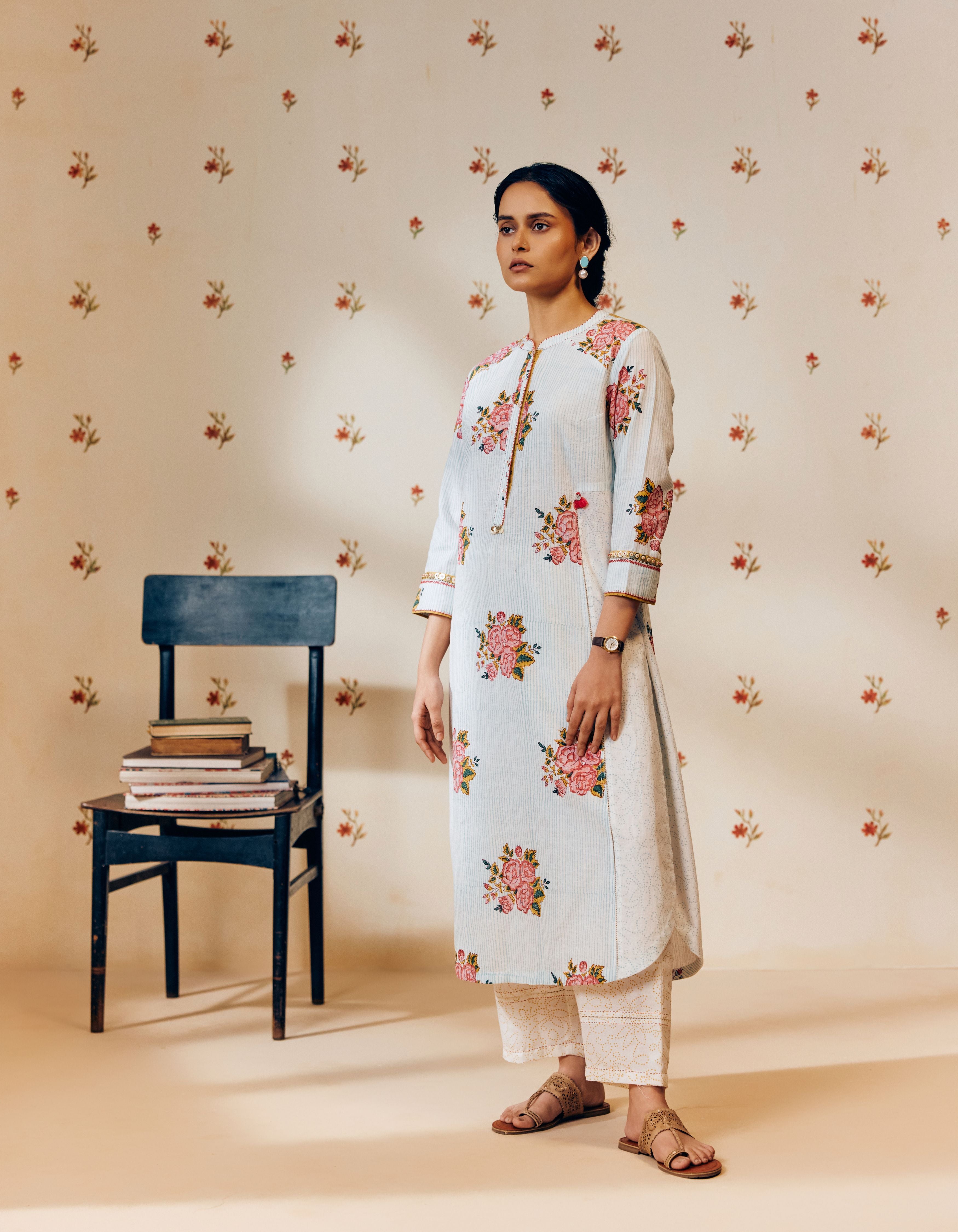 Off-White &  Sky Blue Handblock Rose Motif Mia Kurta Set