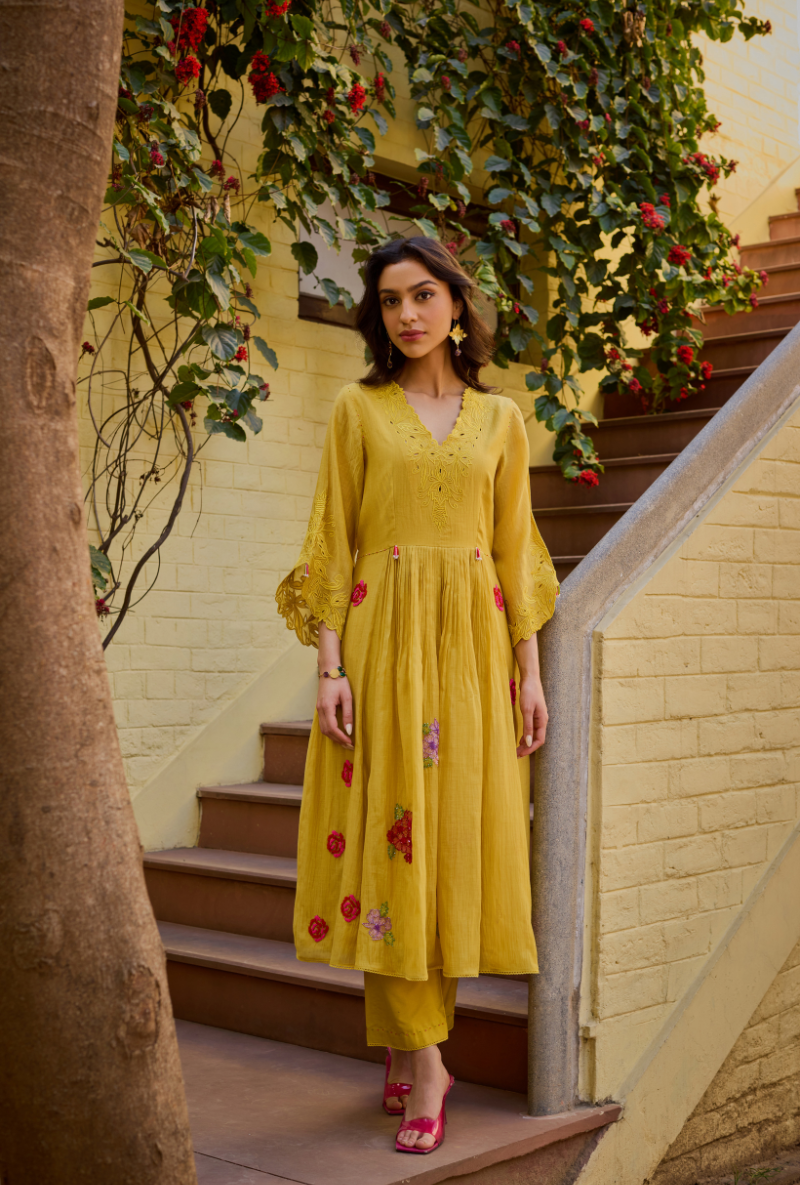 Mustard Empire Cut Applique Anaardana Anarkali Set