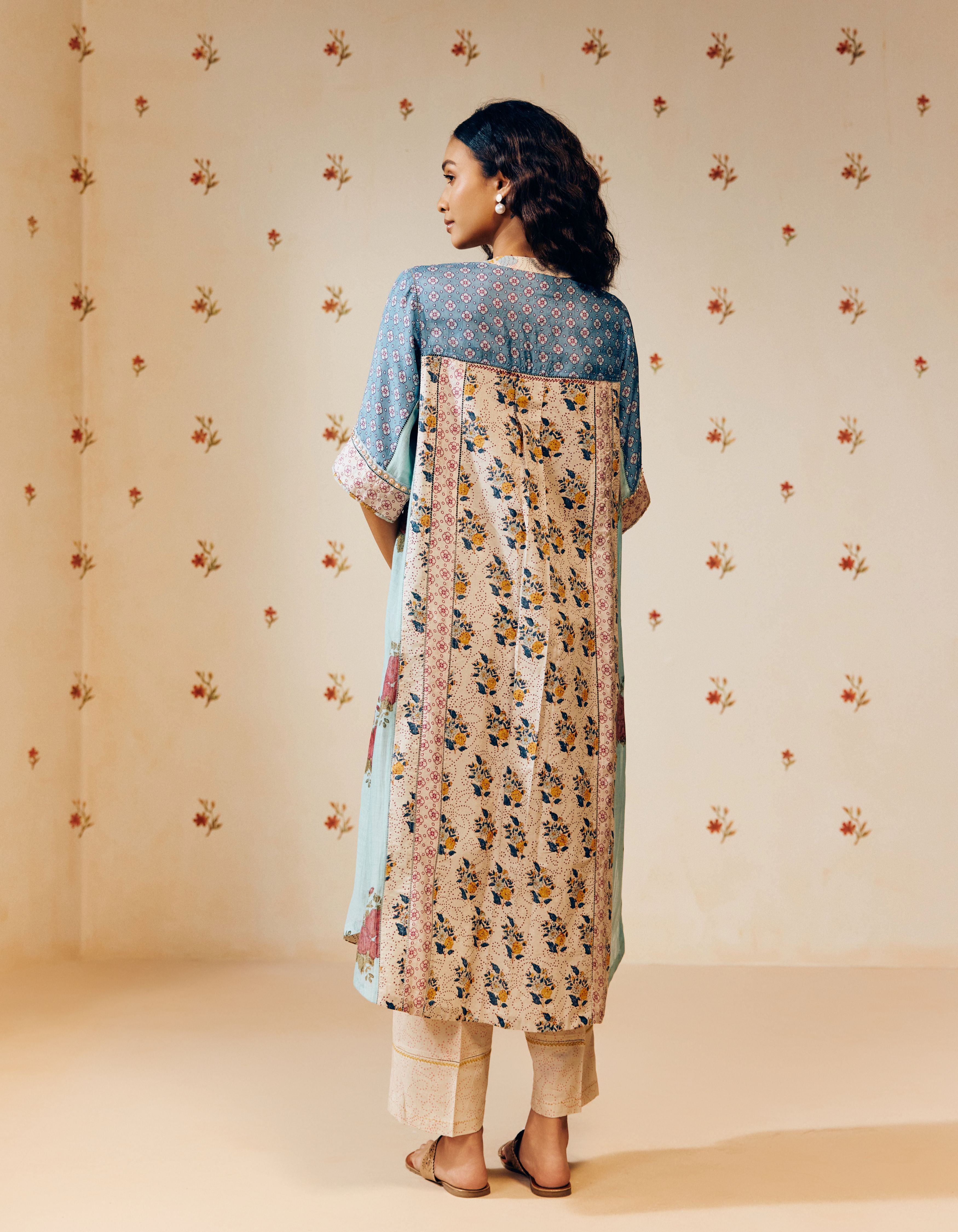 Blue and Off White Front Button Placket Hand Block Printed Multi Panel Mia Kurta Set