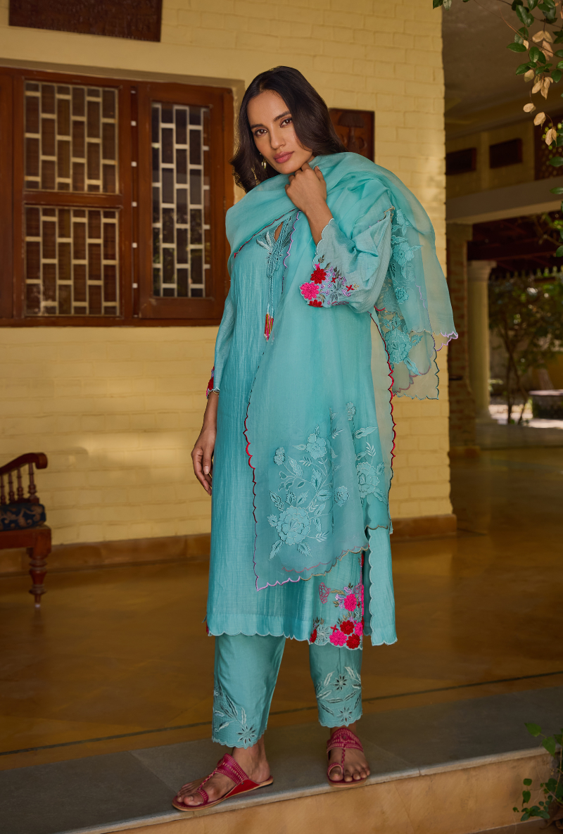 Turquoise Cutwork Neckline Straight Anaardana Kurta Set