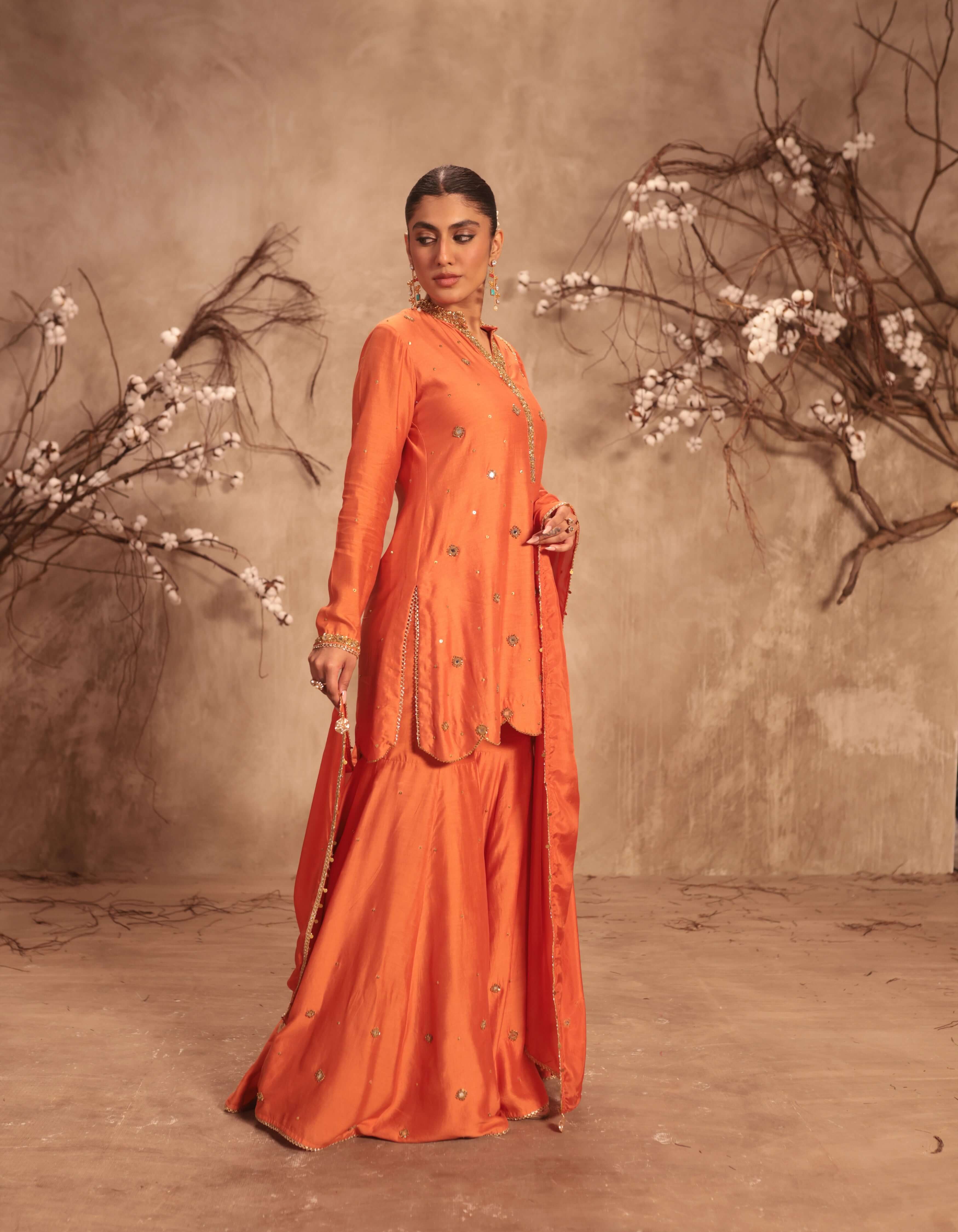 Orange Mirror Work Rani Sharara Set