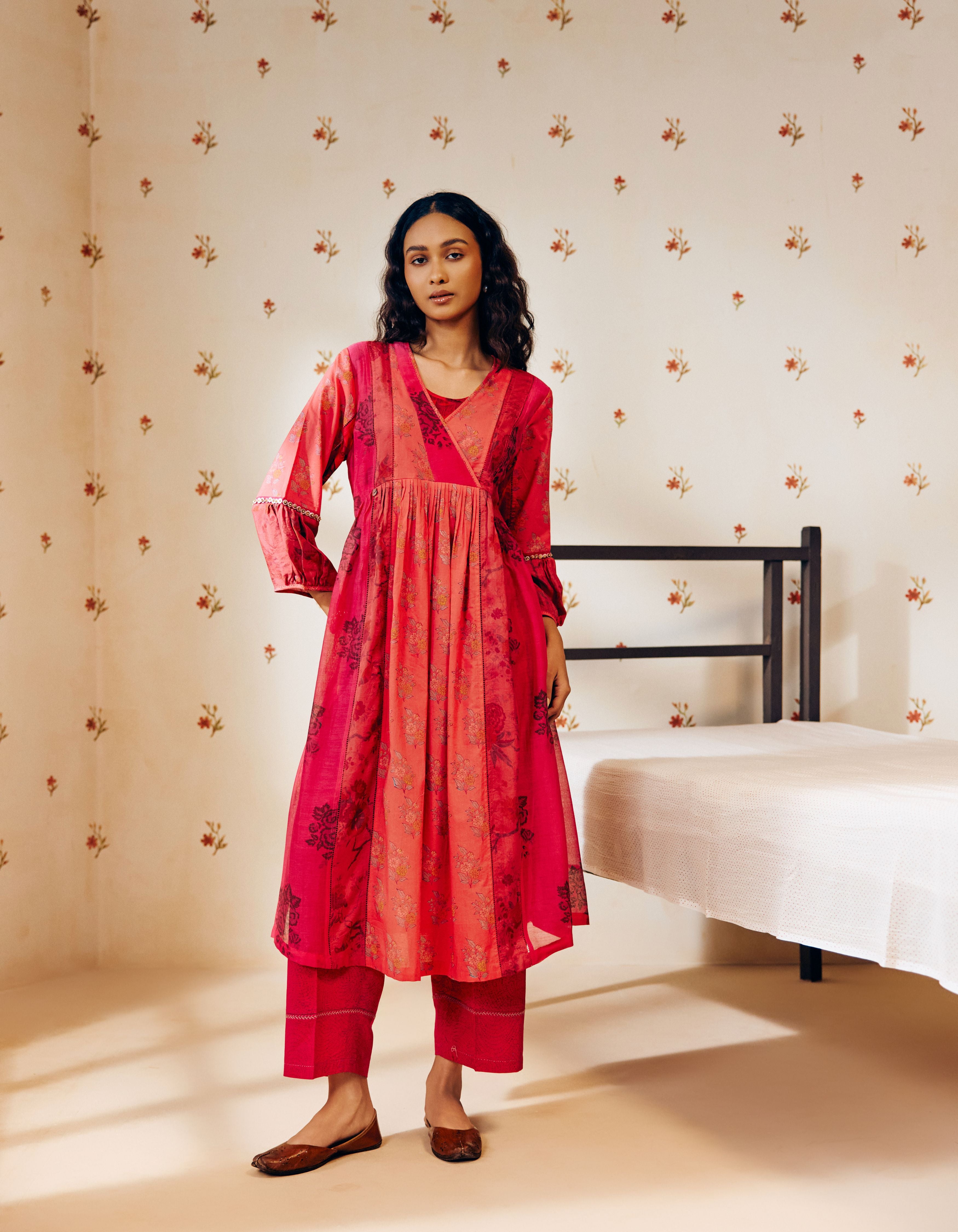 Rani Pink Hand Block Printed Multi Panel Mia Kurta Set