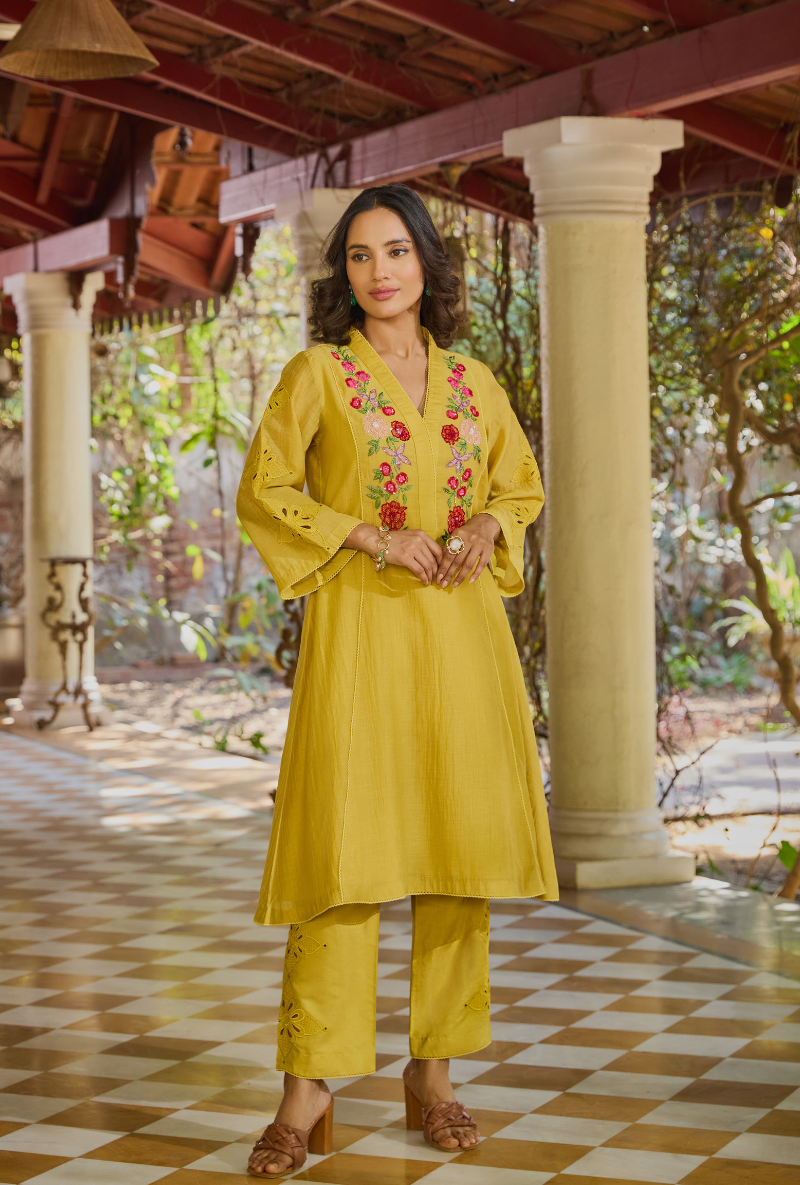 Mustard Overlapping Neckline Anaardana Kurta Set