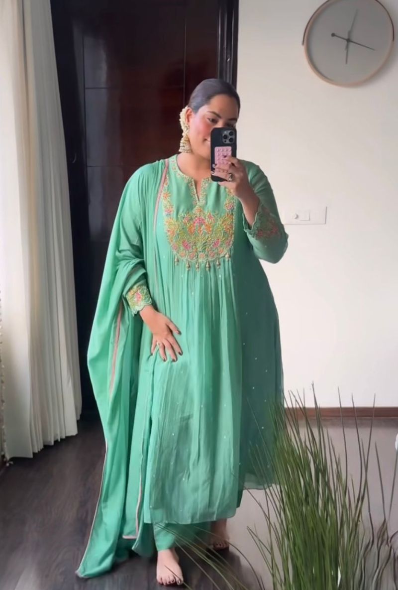Sakshi Sindhwani in Aqua Resham Front Pleat Kurta Set