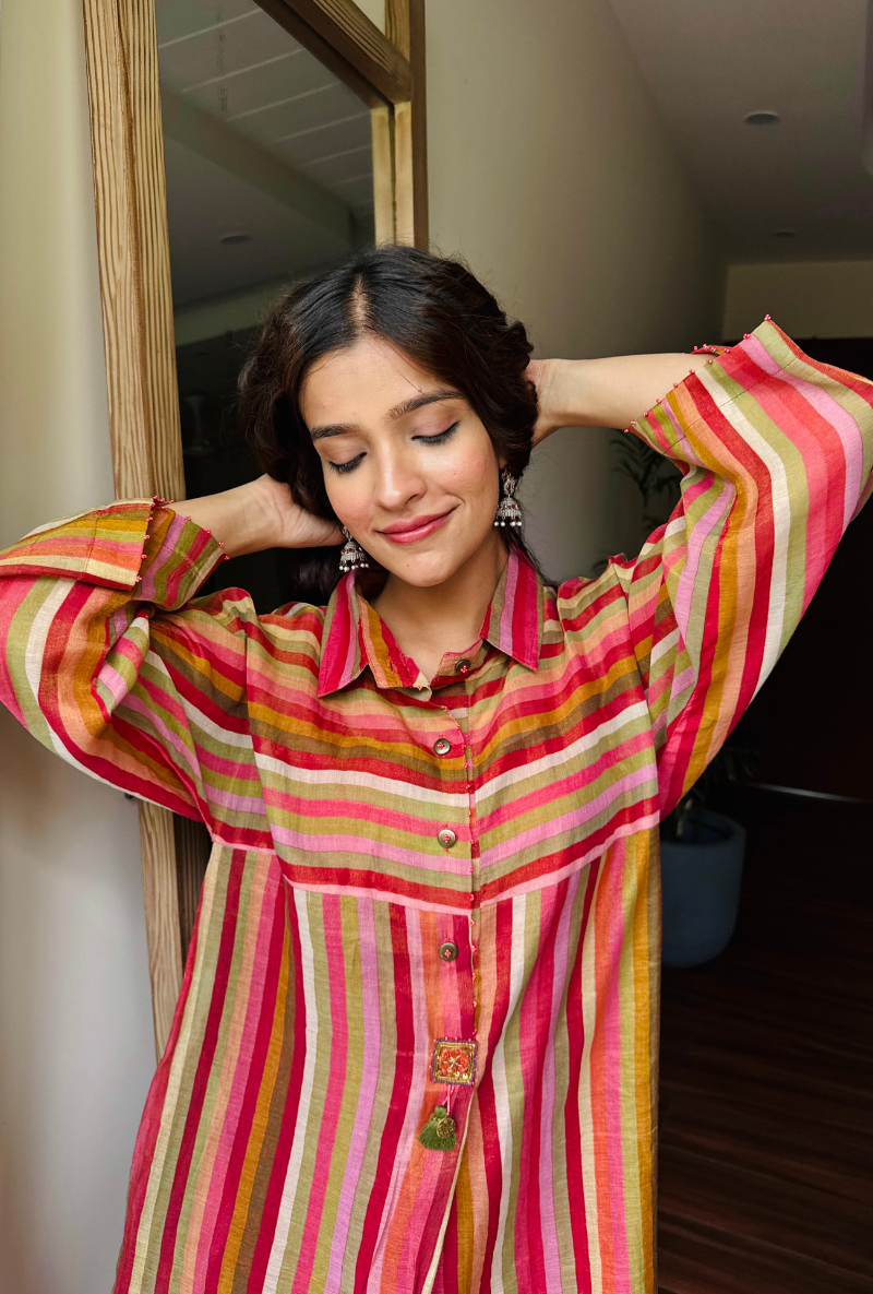 Varsha Rana in Red Anti Fit Stripe Kurta Set