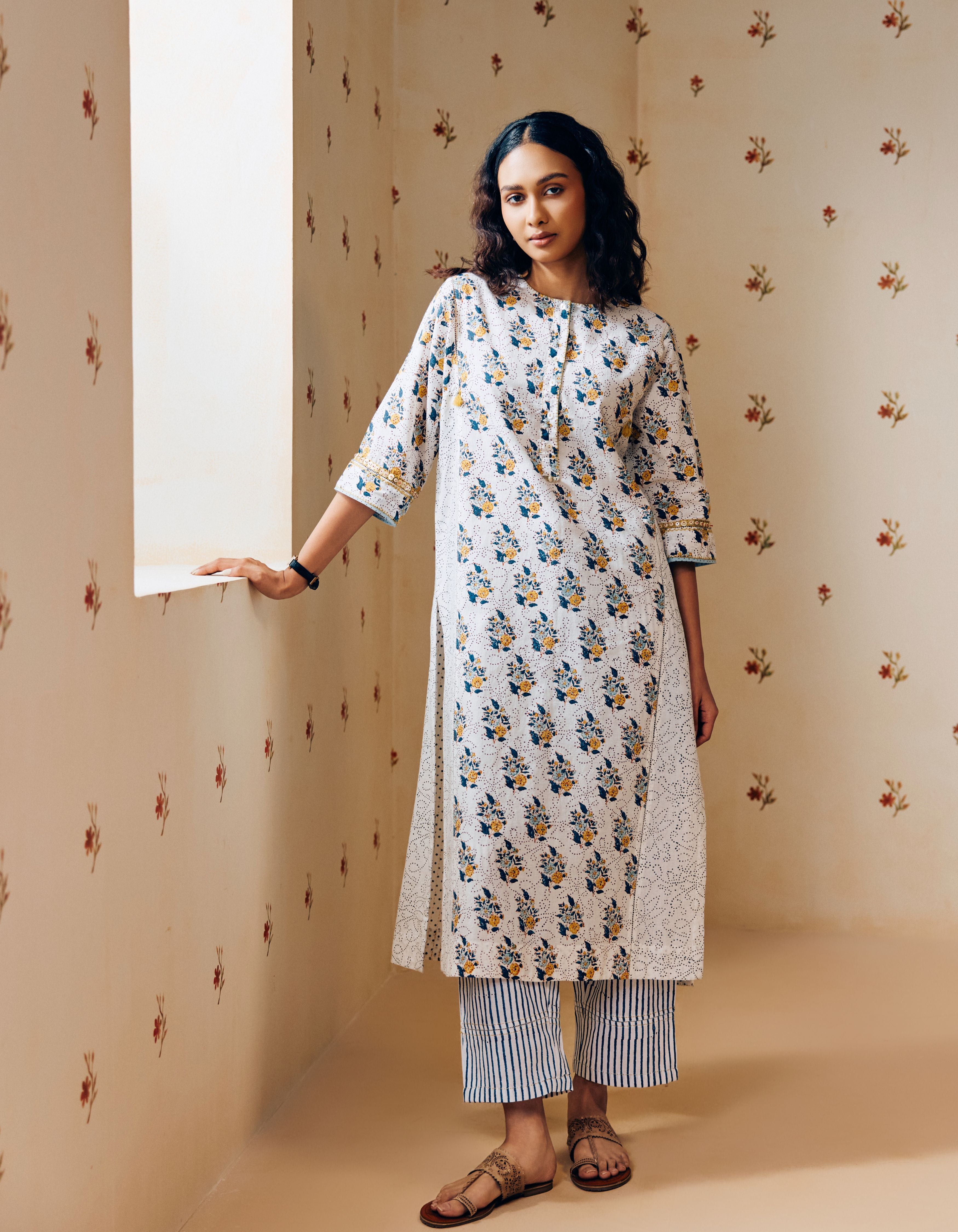 Off-White Flower And Stripes Hand Block Print Mia Kurta Set
