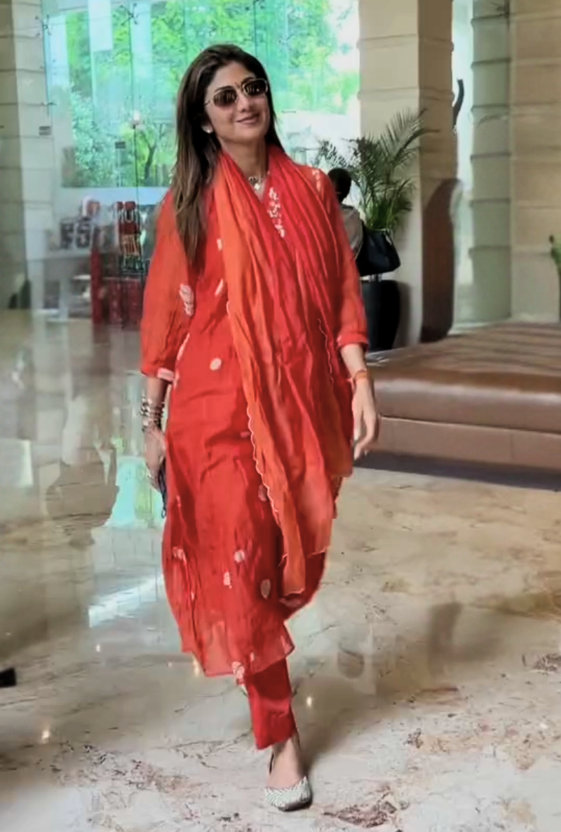 Shilpa Shetty in Orange Polka Hand Block Ruhi Kurta Set