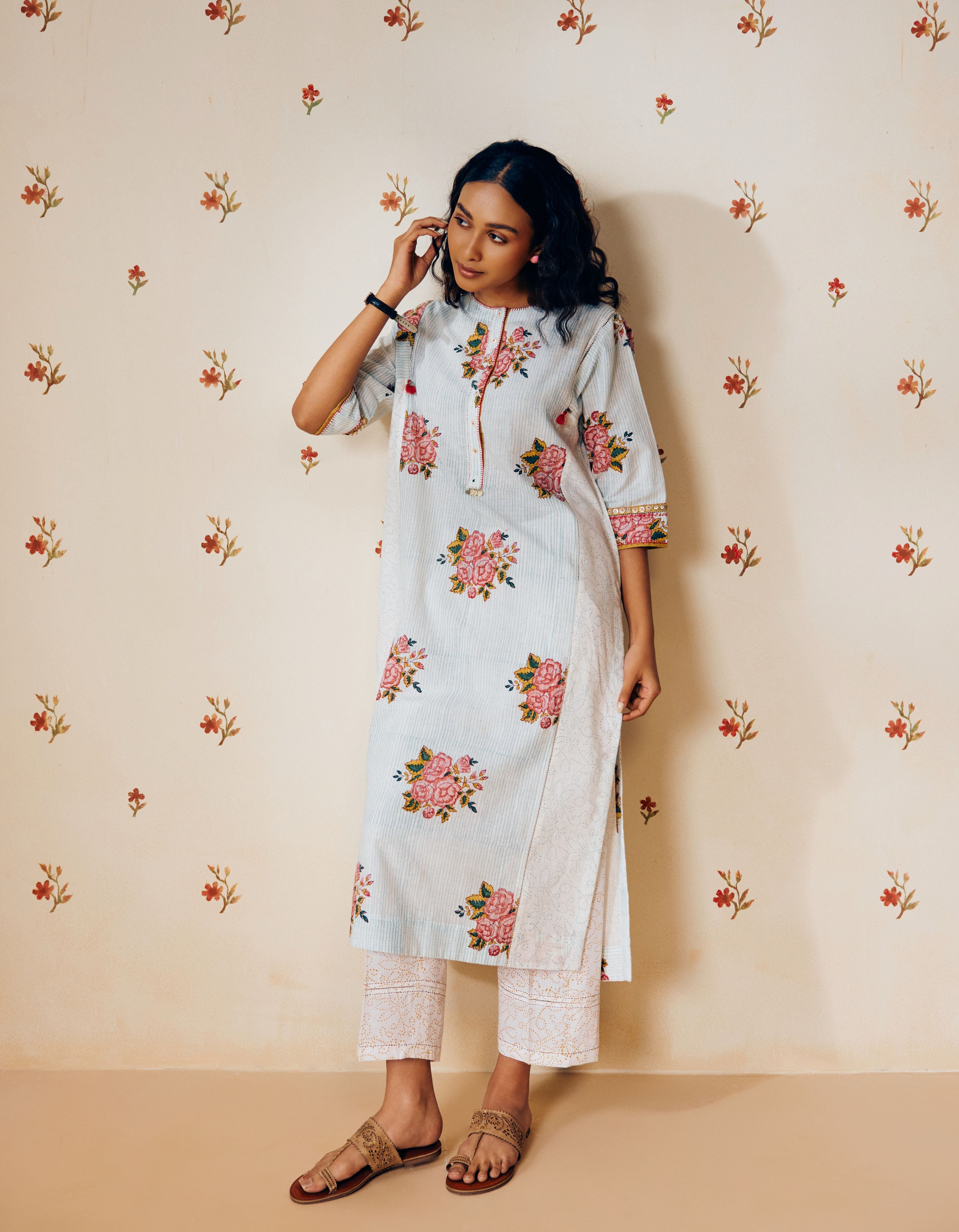 Powder Blue Rose And Bandhani Dot Hand Block Printed Mia Kurta Set