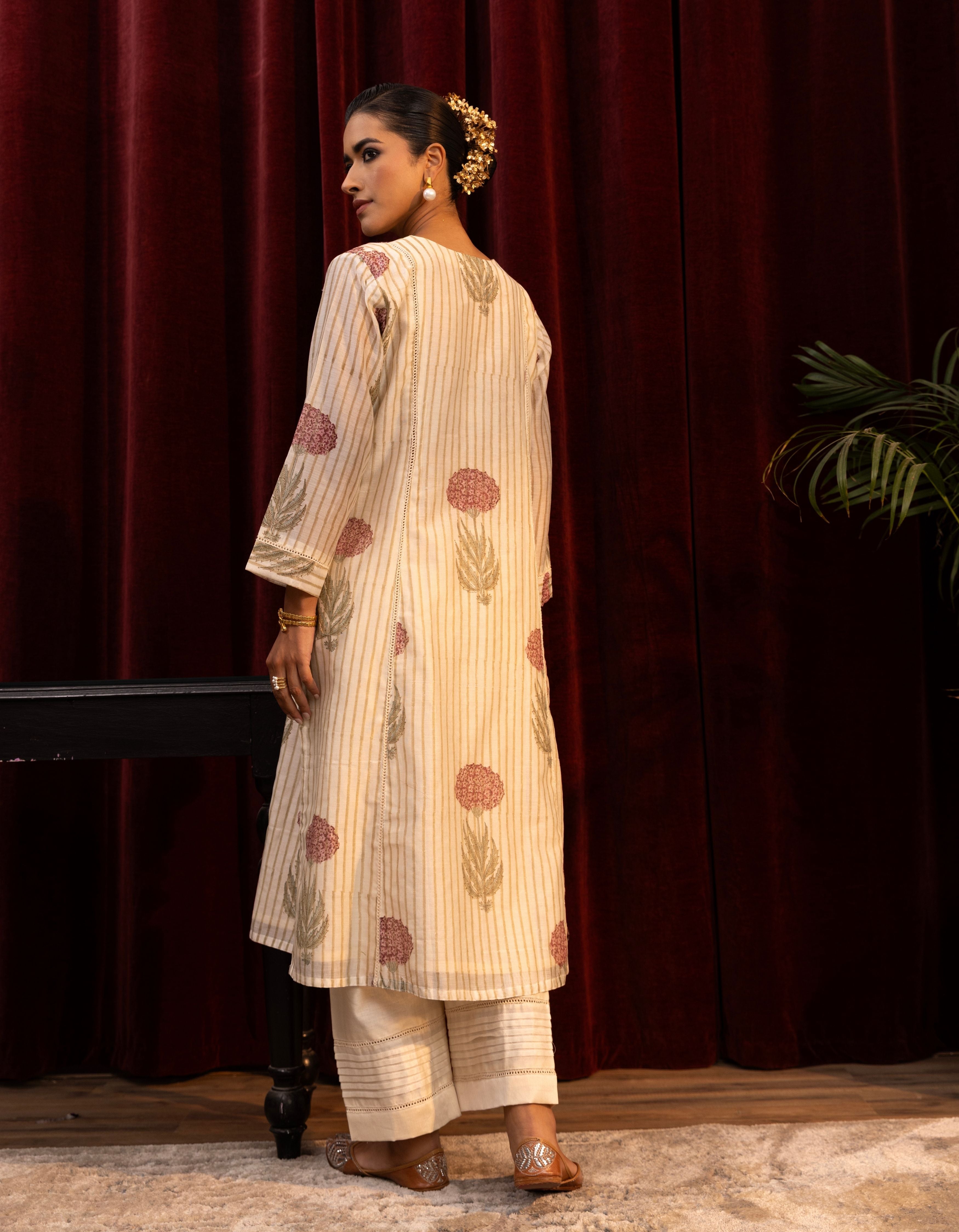 Ivory Stripes Block Print A-line Mogra Kurta Set