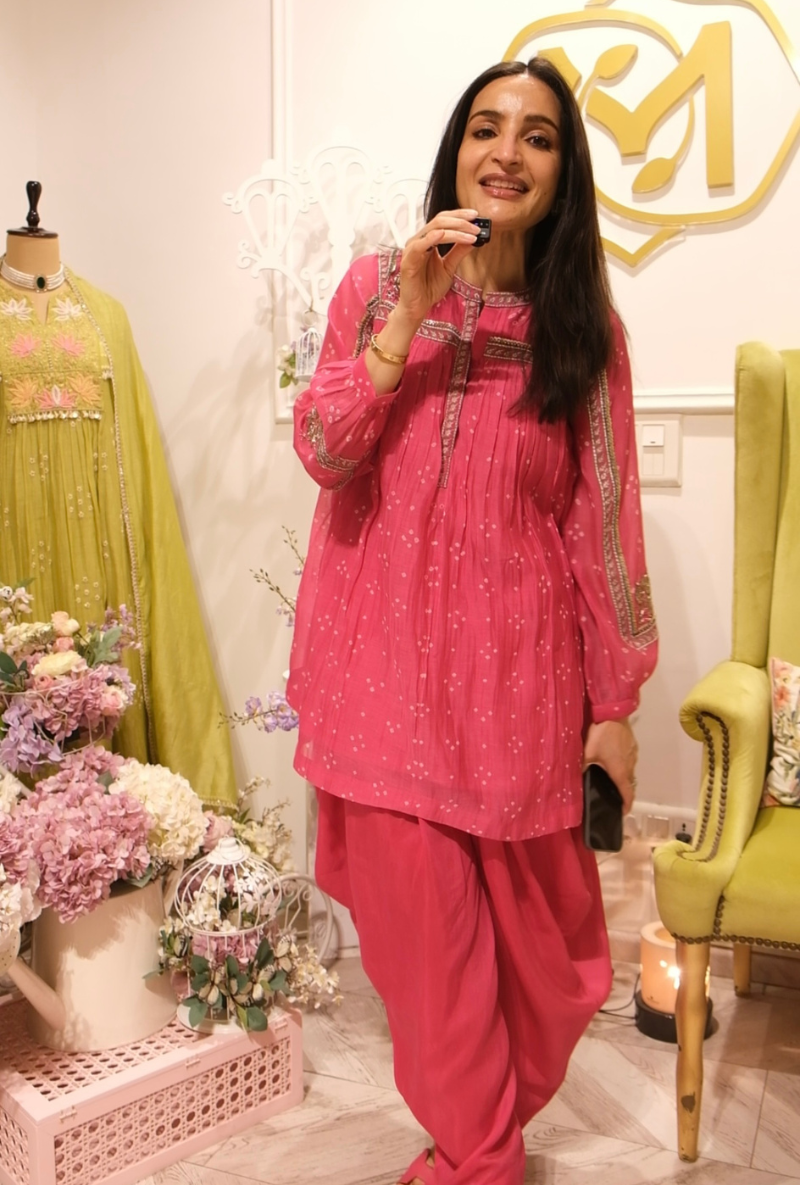Sumaya Dalmia in Pink Bandhej Dhoti Kurta Set