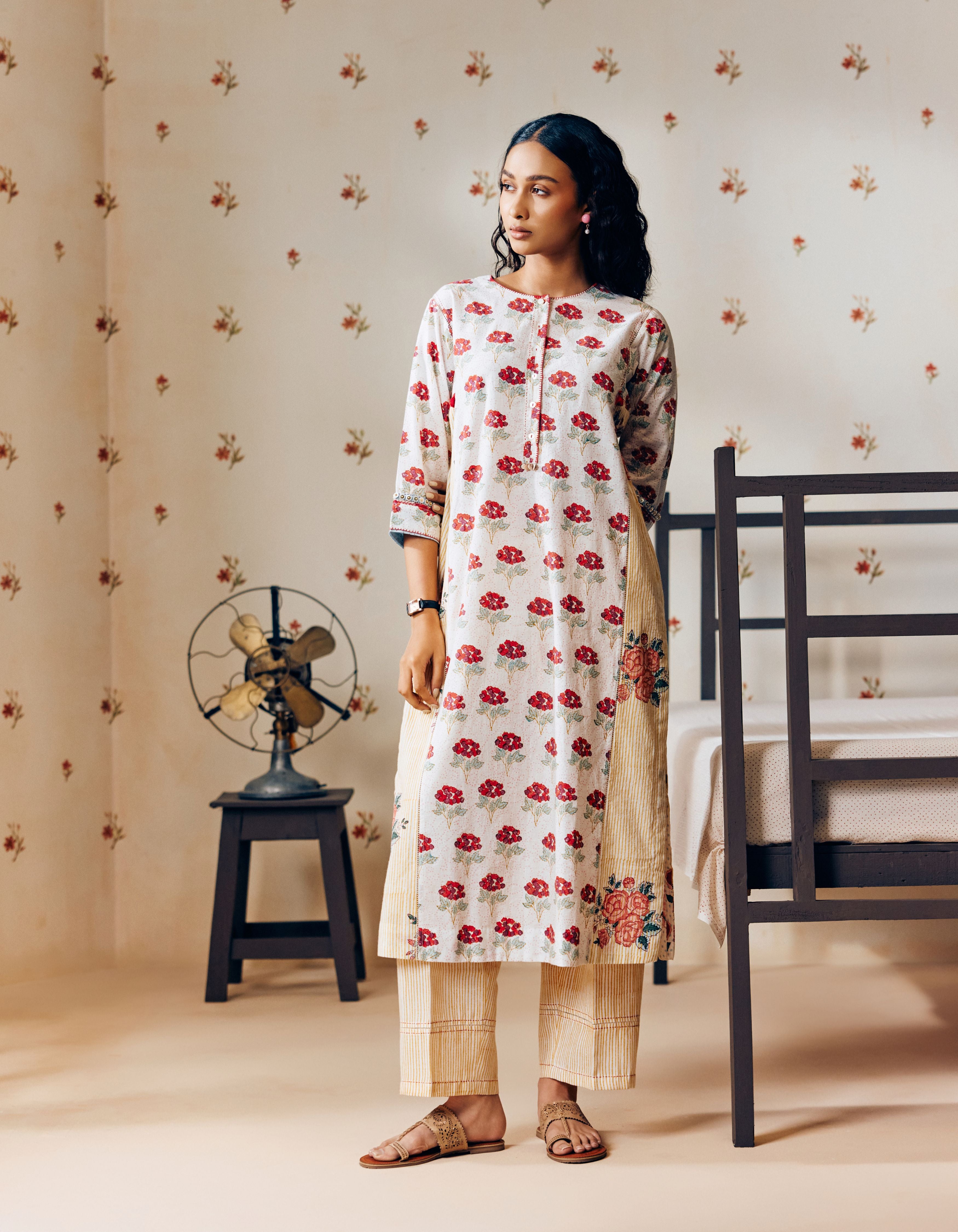 Off-White & Mustard Poppy Motif Mia Kurta Set