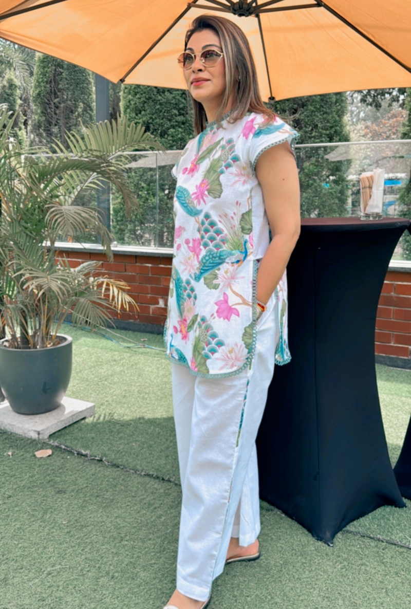 Meghna Nayyar in Peacock Print Cap Sleeve Savannah Co-Ord Set