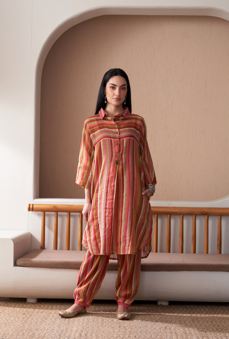 Red Anti Fit Stripe Bageecha Kurta Set