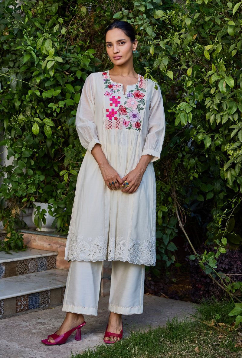 Ivory Hand Embroidered Yoke Anaardana Kurta Set