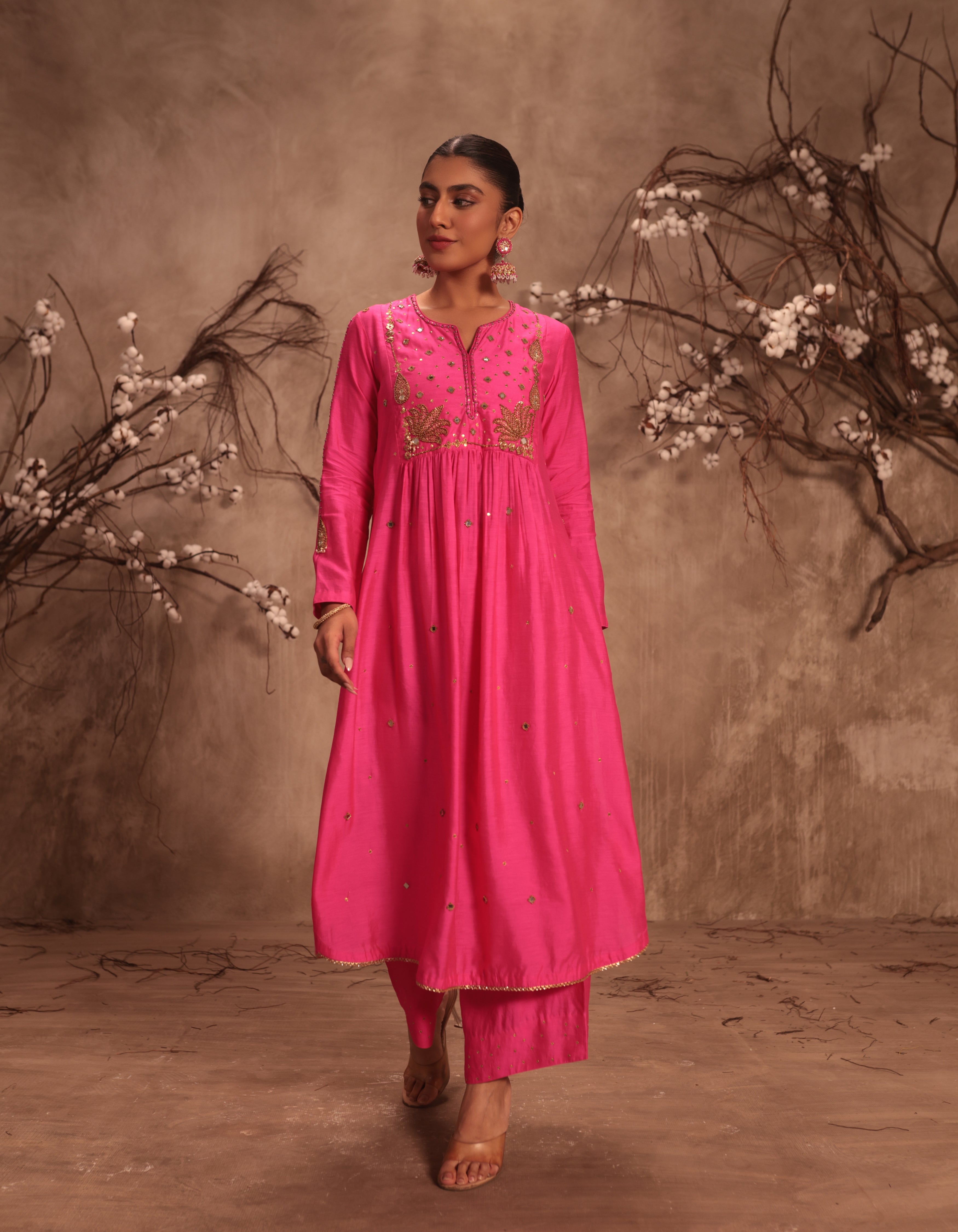 Hot Pink Frockstyle Rani Kurta Set