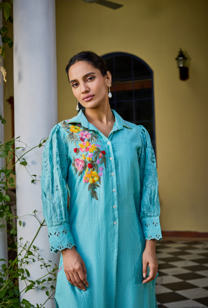 Turquoise Collared Button Down Anaardana Co-Ord Set