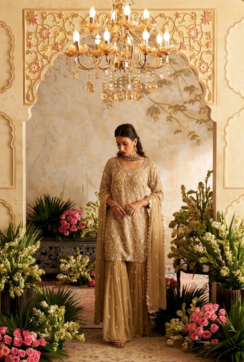 Beige Embroidered Rumi Gharara Set