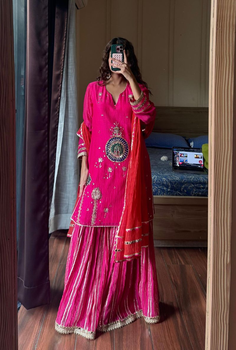 Varsha Rana in Pink Peacock Motif Morbagh Sharara Set