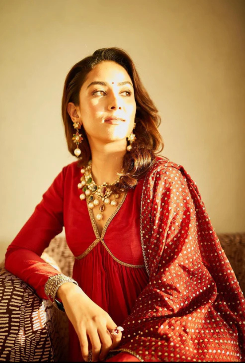 Mira Rajput in Red Cross Yoke Embroidered Chhaya Sharara Set