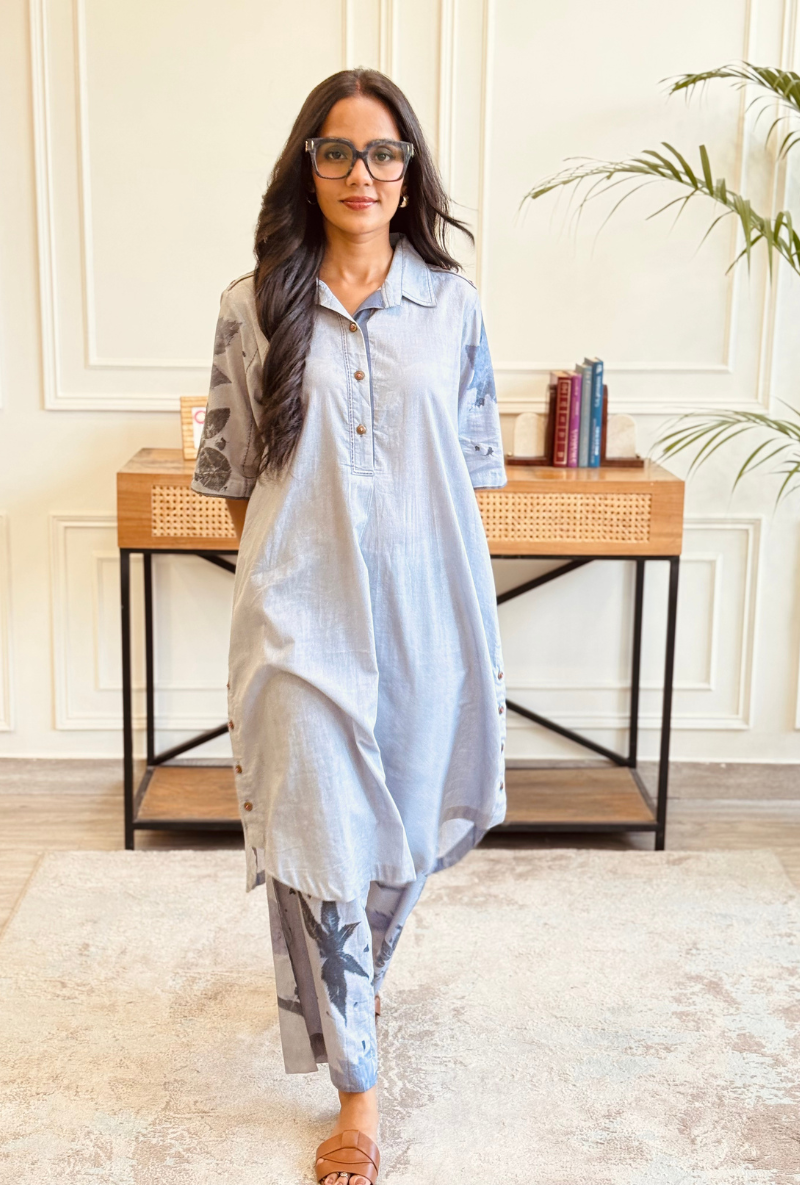 Jyoti Verma in English Blue Eco Print Long Shirt Co-ord Set