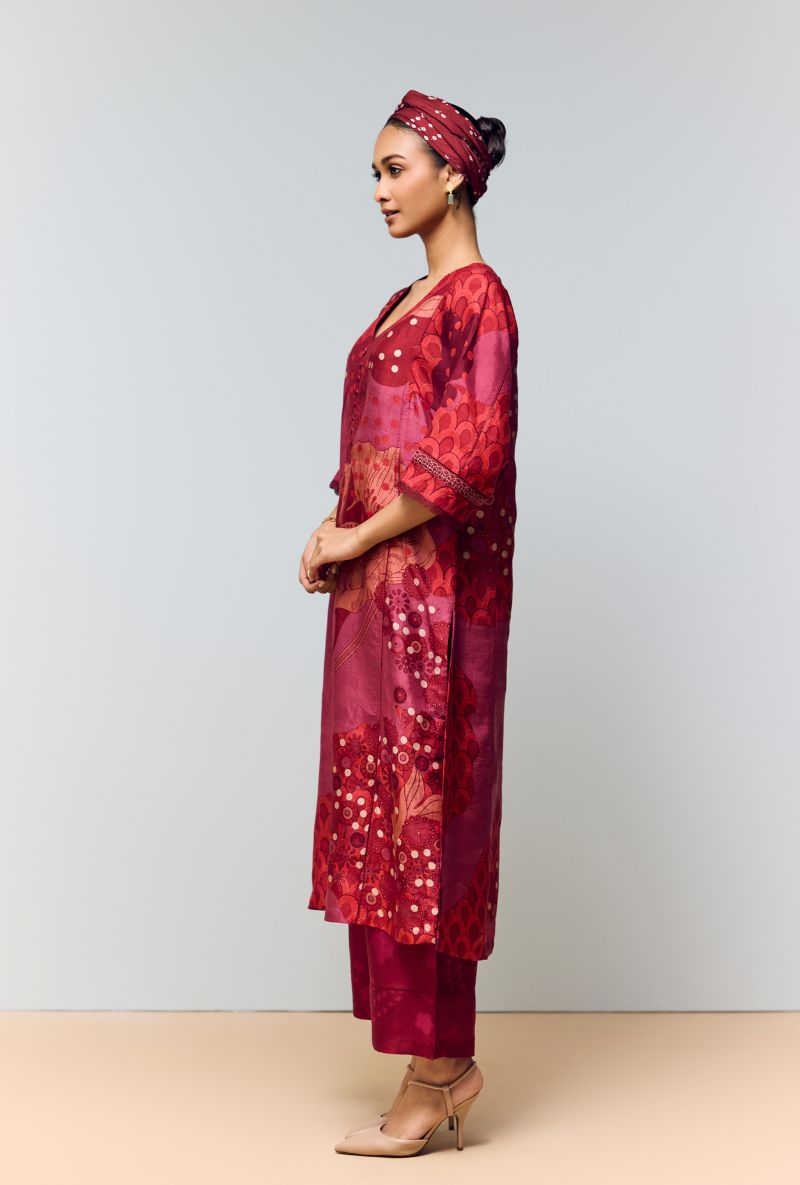 Deep Red Hand Printed Quilted Neckline Eden Co-Ord Set