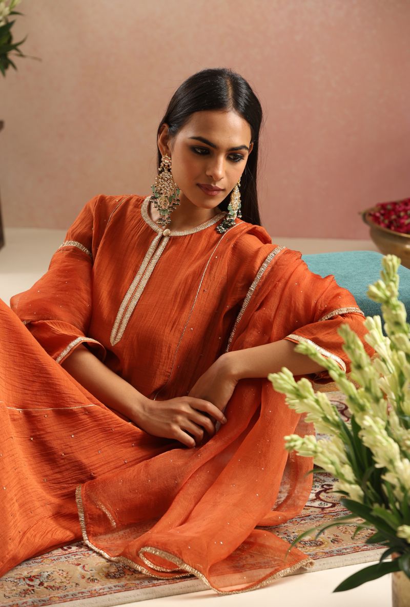 Burnt Orange Cheeta Work Itrh Kurta Set