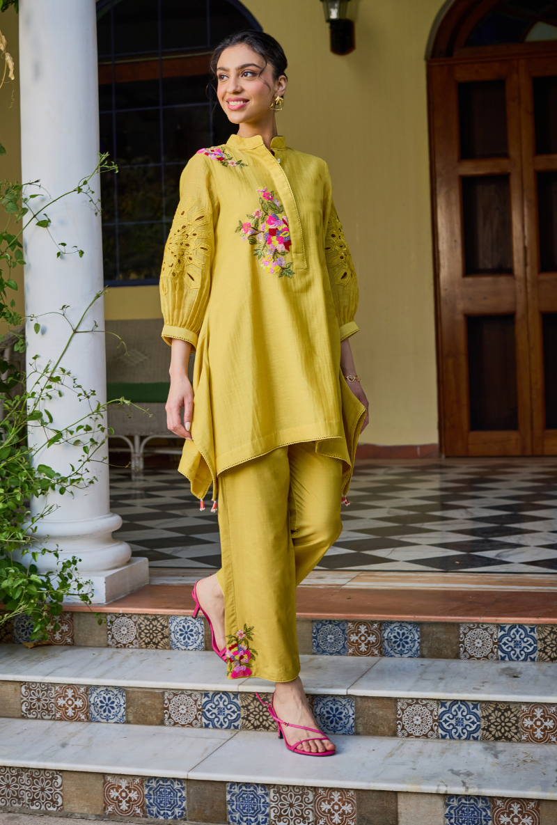 Mustard Side Drop Short Annardana Co-Ord Set