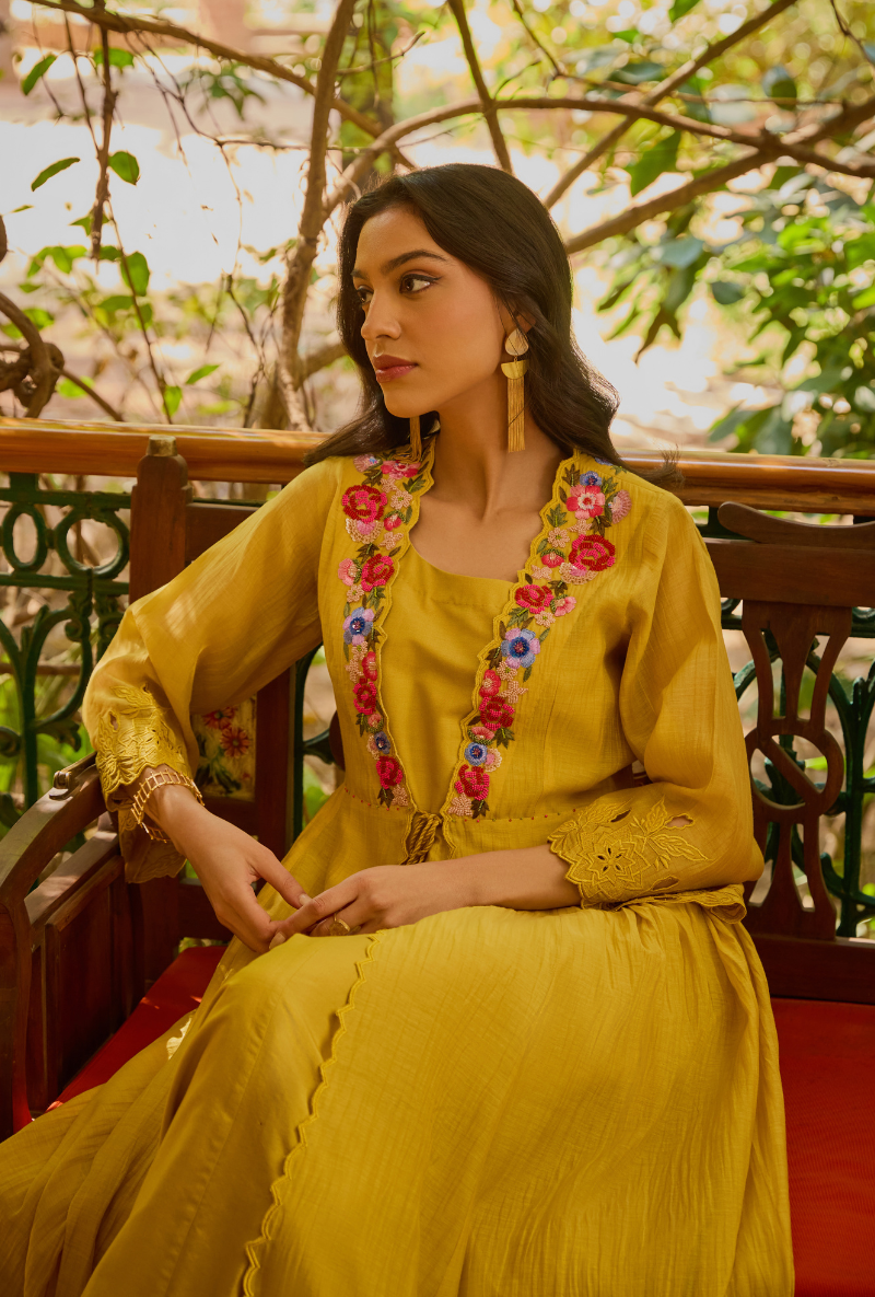 Mustard Cut Dana And Sequin Cape Anaardana Dress Set