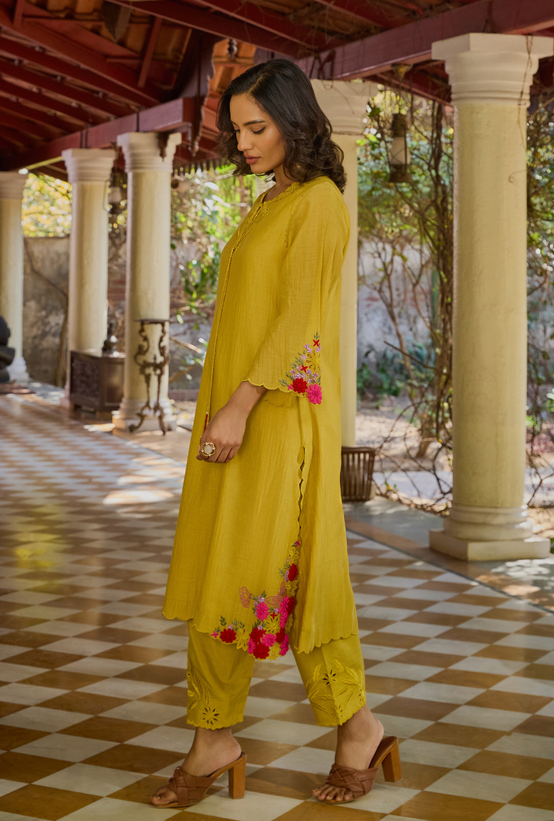 Mustard Cutwork Neckline Straight Anaardana Kurta Set