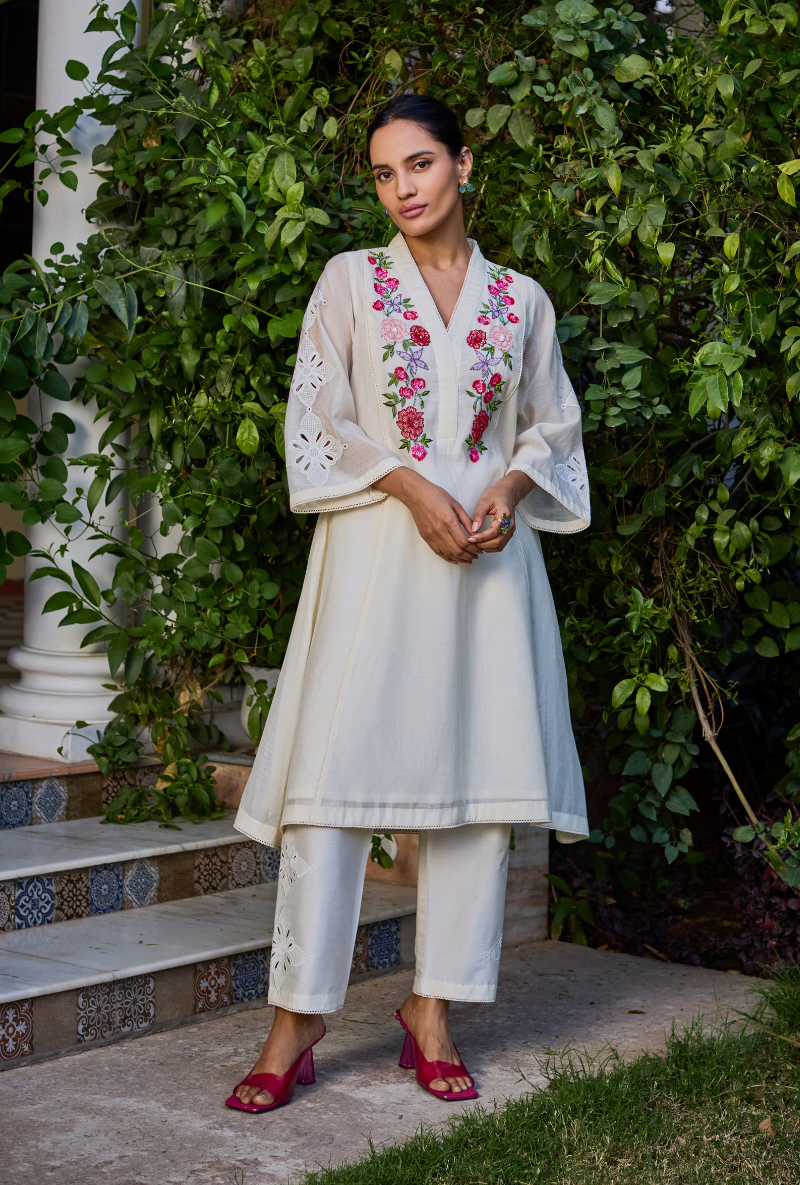 Ivory A Line Hand Embroidered Anaardana Kurta Set