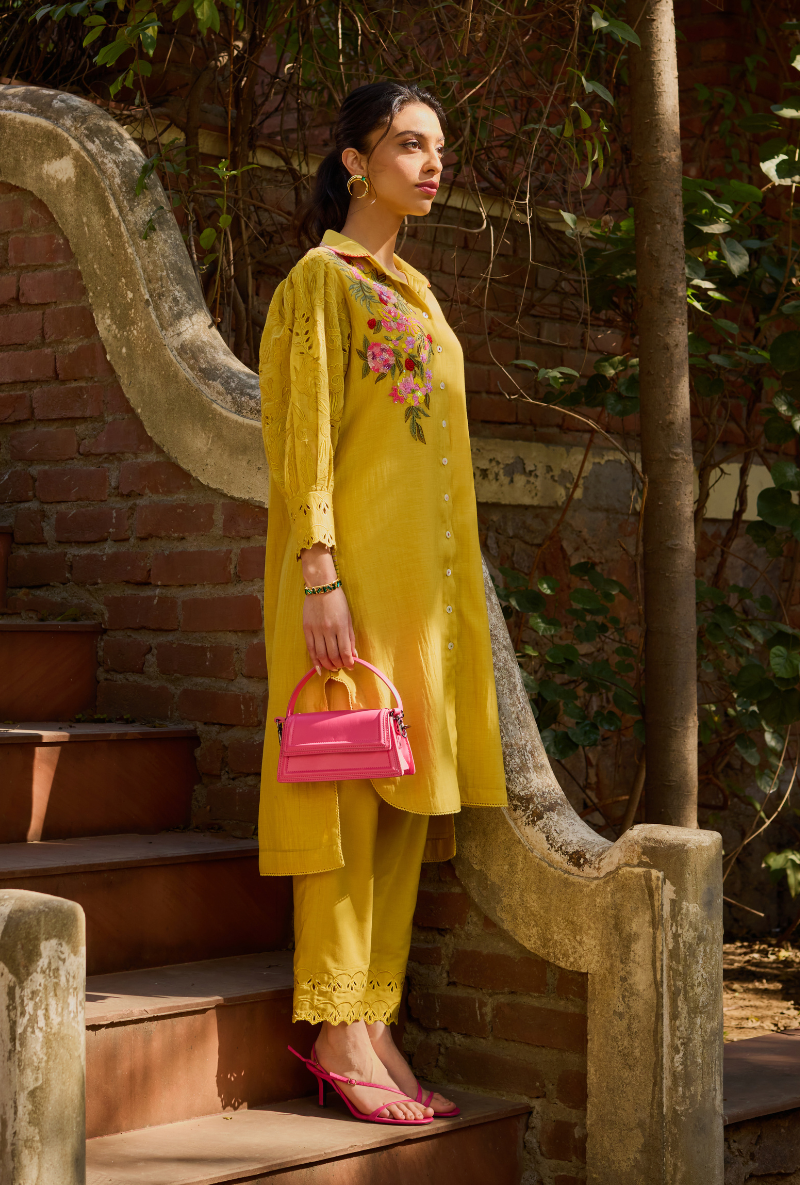 Mustard Collared Button Down Anaardana Co-Ord Set