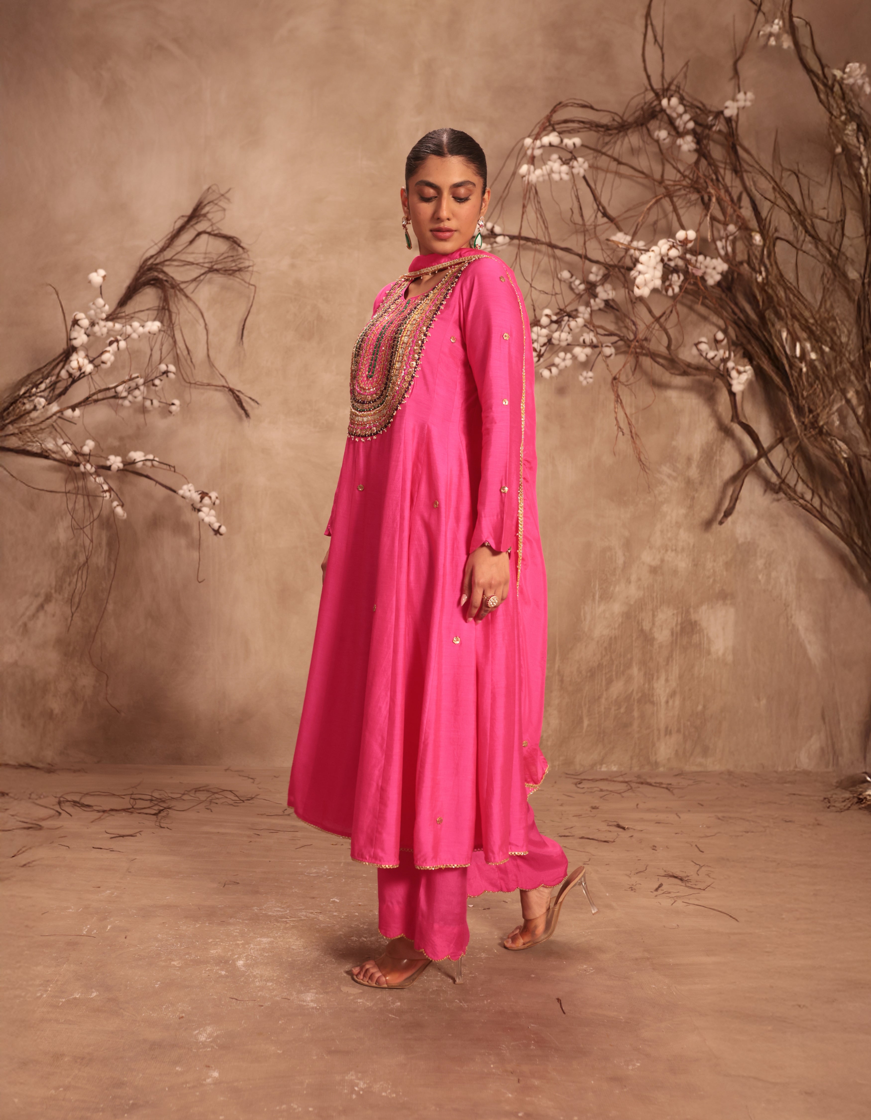 Hot Pink Multicolour Yoke Rani Anarkali Set