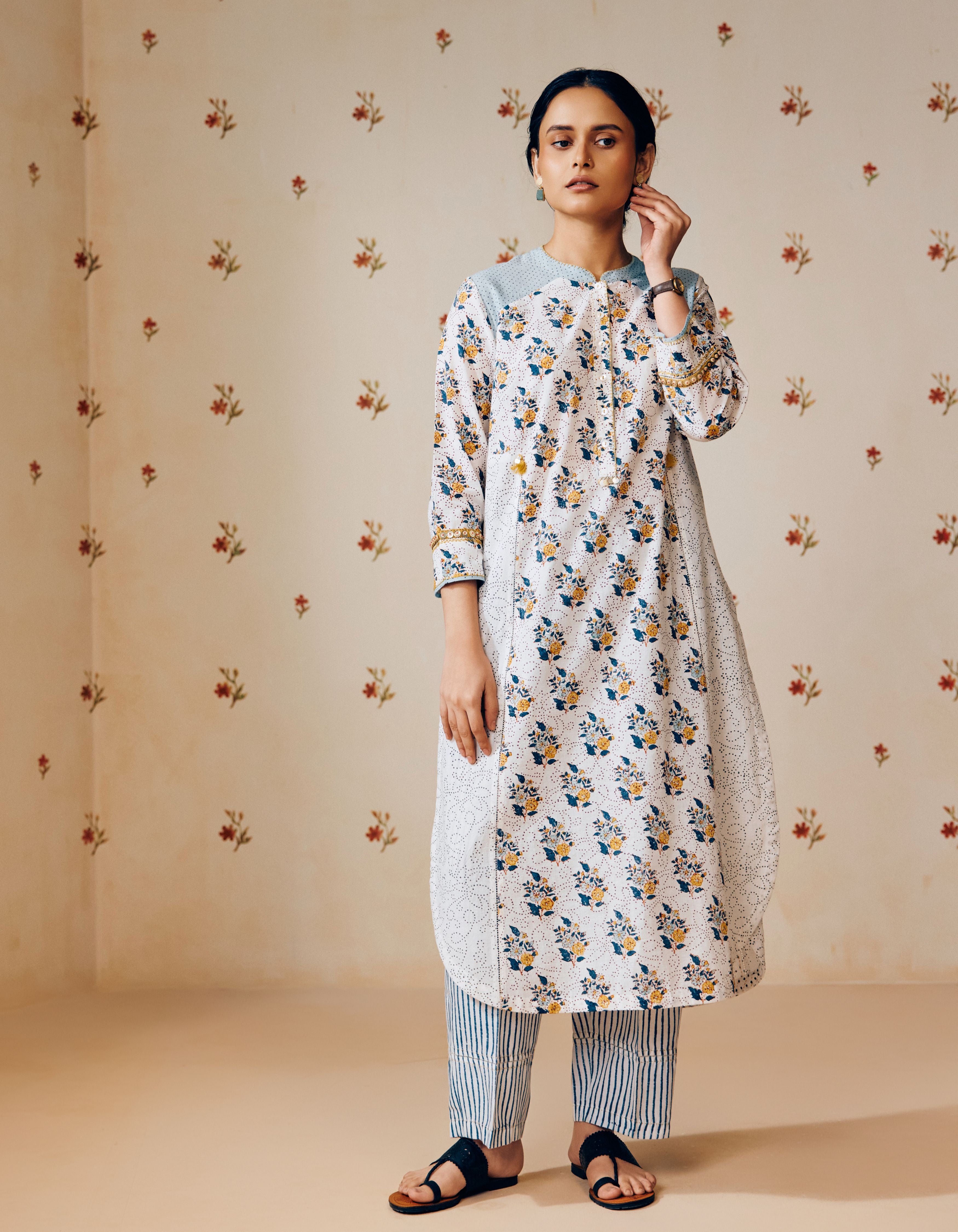 Off-White Flower Bunch Hand Block Print Mia Kurta Set