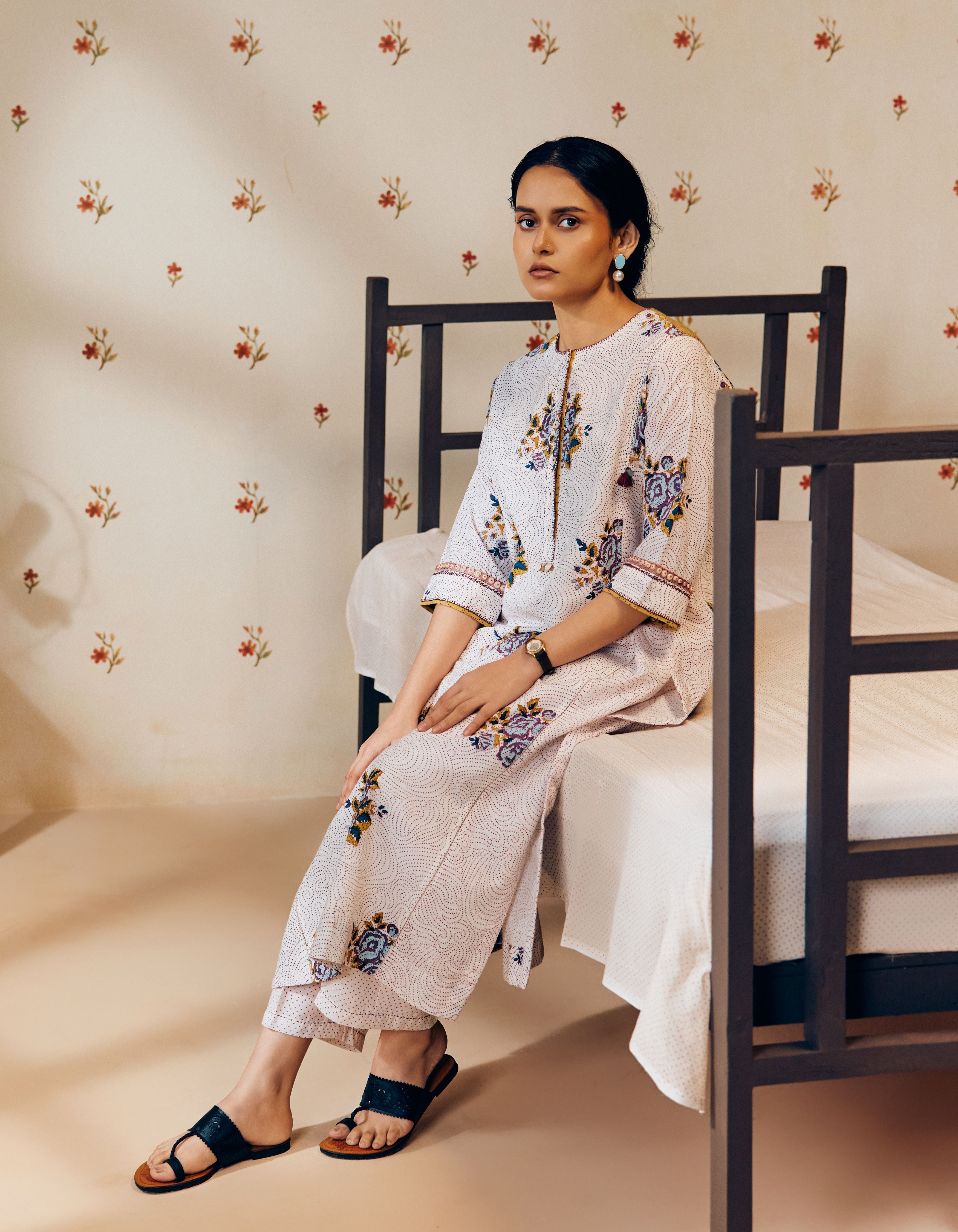 Off-White Rose Handblock Print Mia Kurta Set