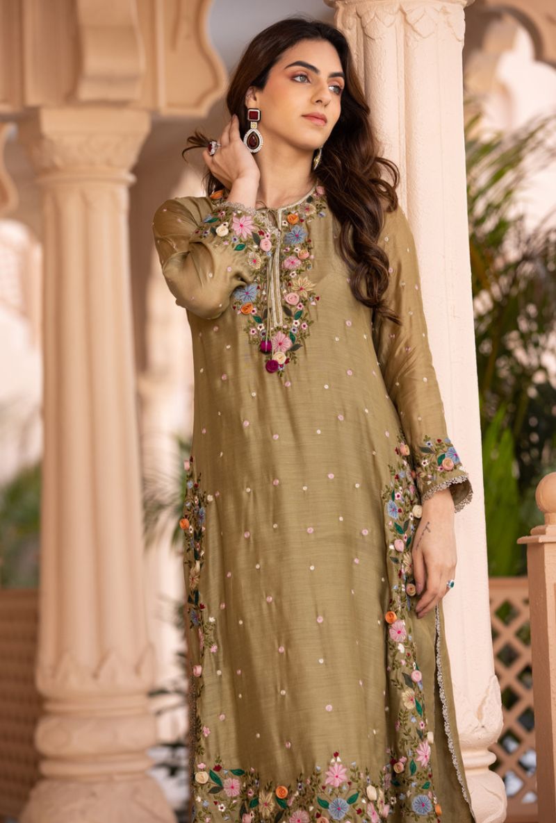 Olive Green Orchid Heavy Long Sahiba Kurta Set