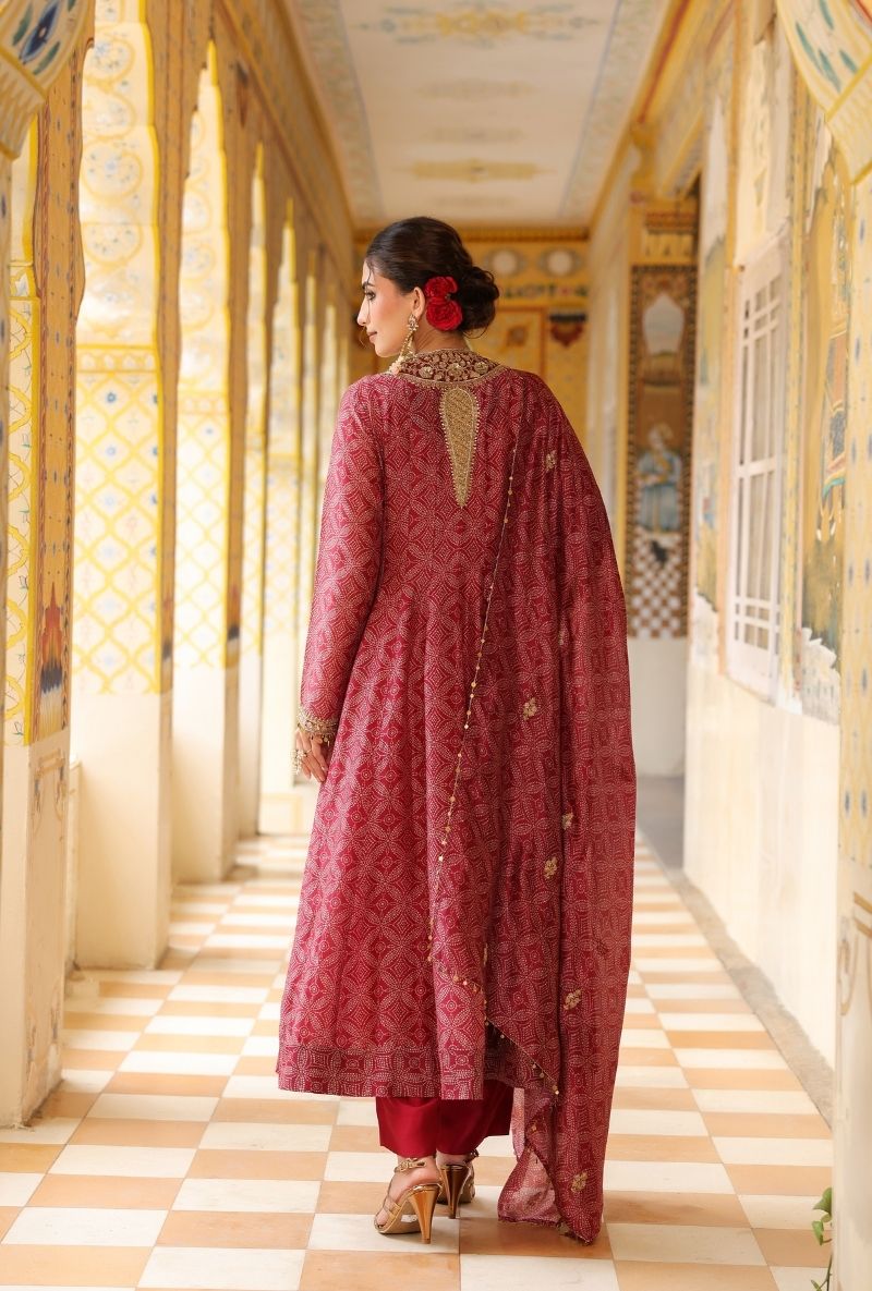 Maroon Printed Mehfil Anarkali Set
