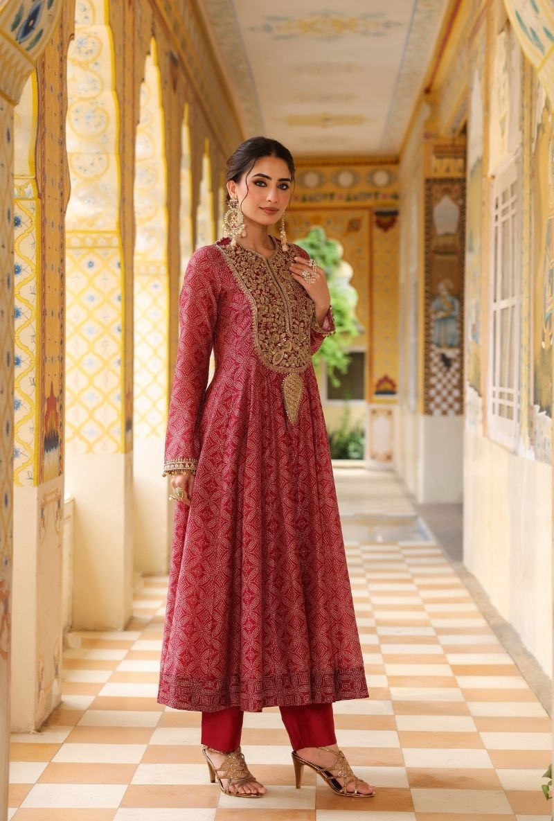 Maroon Printed Mehfil Anarkali Set