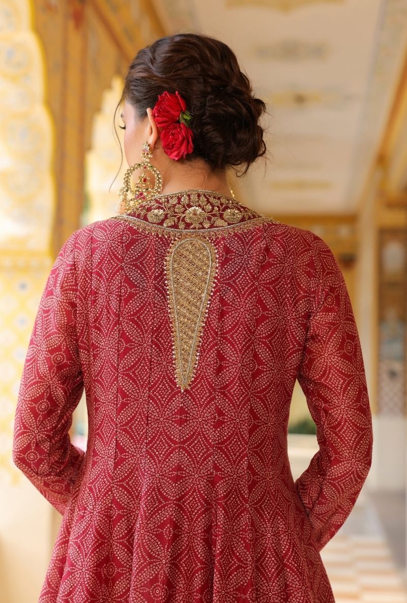 Maroon Printed Mehfil Anarkali Set
