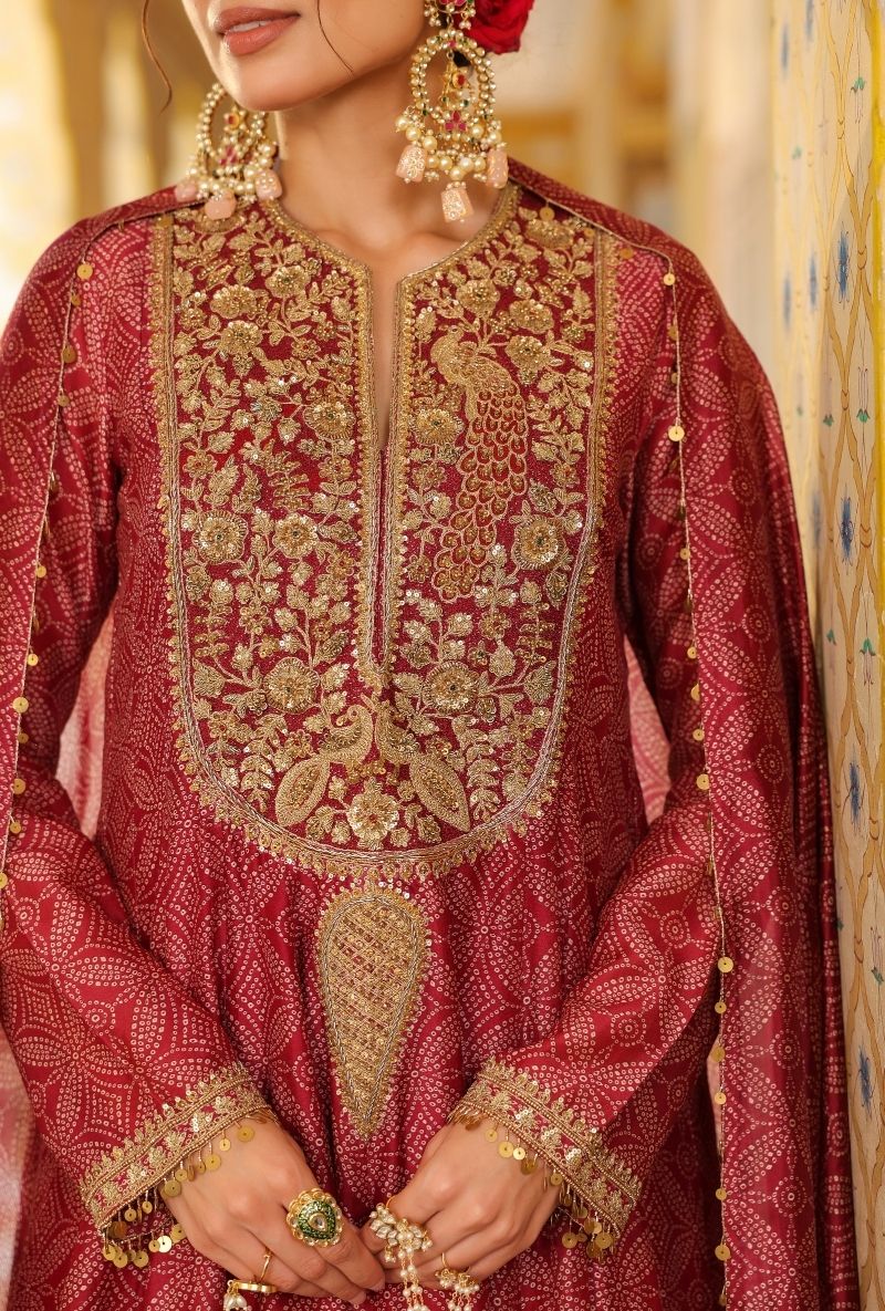 Maroon Printed Mehfil Anarkali Set