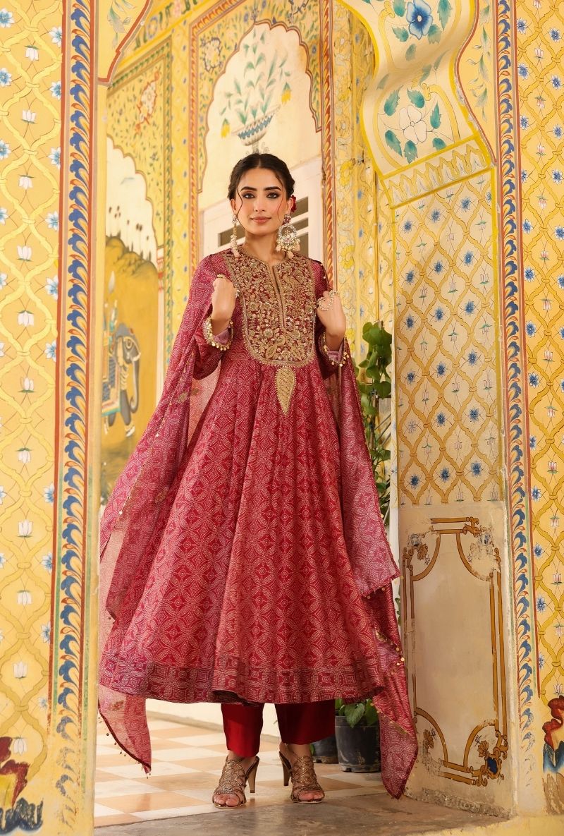 Maroon Printed Mehfil Anarkali Set