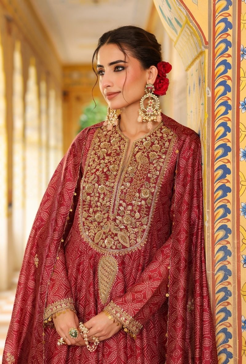 Maroon Printed Mehfil Anarkali Set