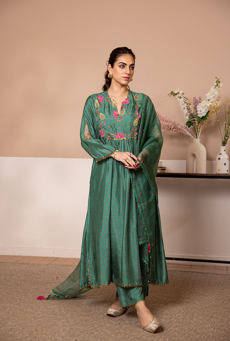 Green Cheent Print Shaheen Front Pleat Kurta Set