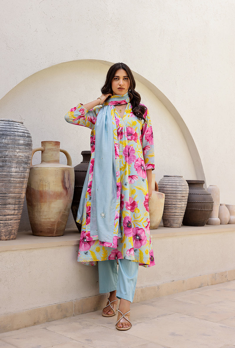 Mint Garden Printed Collar Magnolia Kurta Set