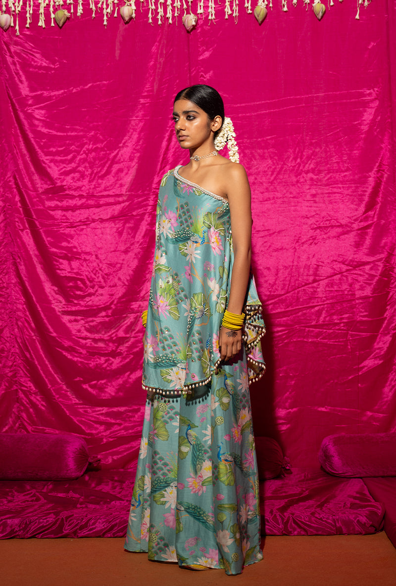 Mint Printed Off-Shoulder Kamli Sharara Set