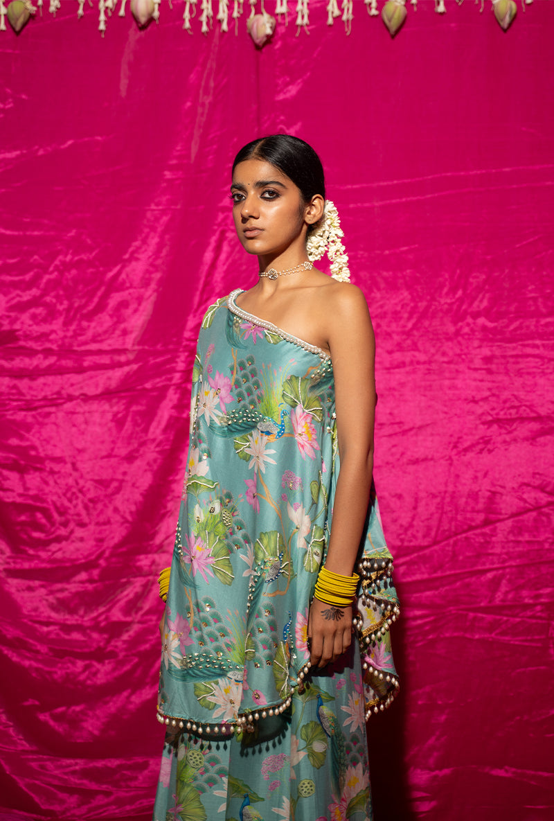 Mint Printed Off-Shoulder Kamli Sharara Set