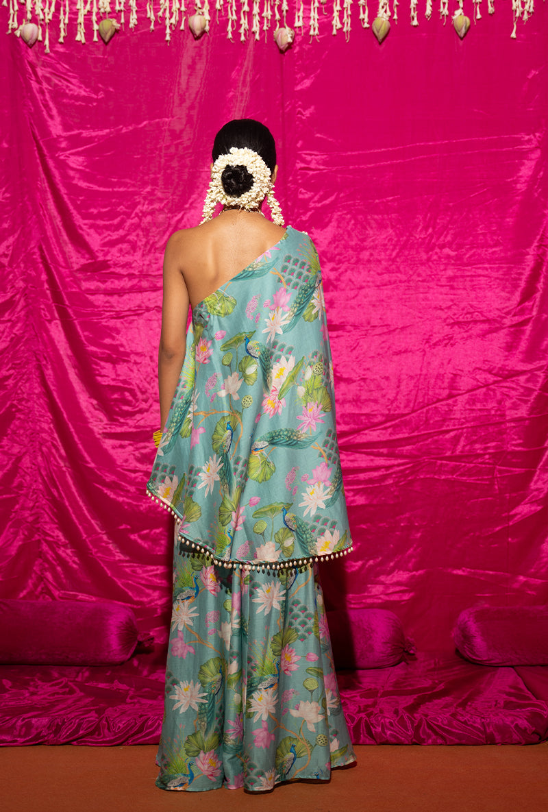 Mint Printed Off-Shoulder Kamli Sharara Set