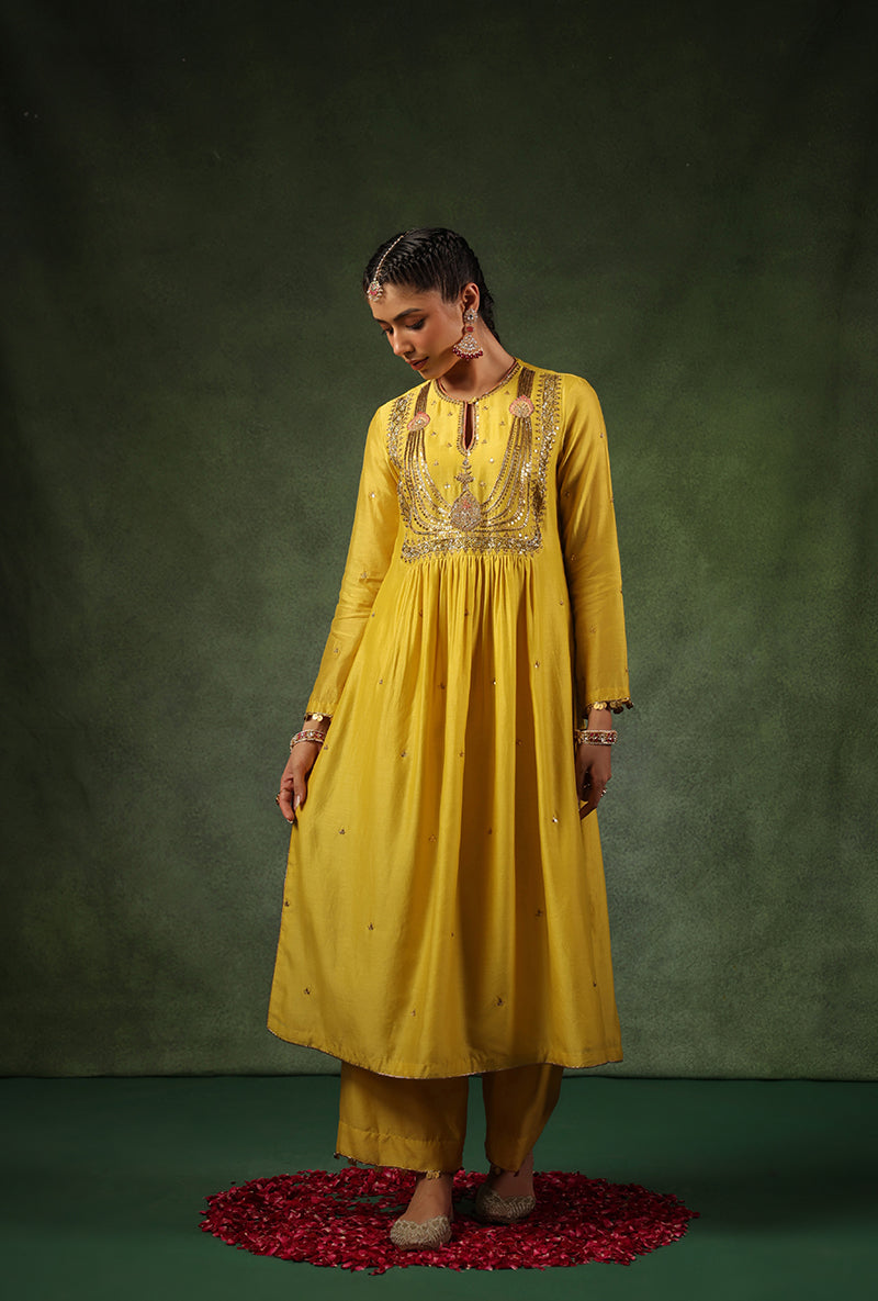 Yellow Heavy Zardosi Yoke Ishq Kurta Set